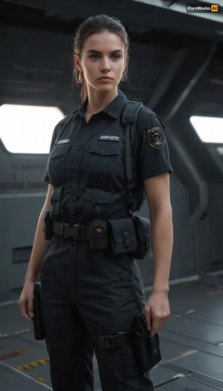 Beautiful female starship captain in a gritty realistic sci-fi universe inspired by The Expanse. Strong and athletic build, determined expression, sharp eyes showing leadership under pressure. Wearing practical belter/UNN/MCRN-inspired starship uniform, dark tactical jumpsuit with utility harness, subtle patches and insignia, sidearm holstered. Tied-back hair, no-nonsense style. Standing on the bridge of a starship, narrow corridors, glowing control panels, exposed piping, zero-g straps and railings. Background of outer space through reinforced windows, stars and distant asteroids. Ultra-realistic hard sci-fi art, highly detailed, cinematic dramatic lighting, tense and commanding atmosphere.