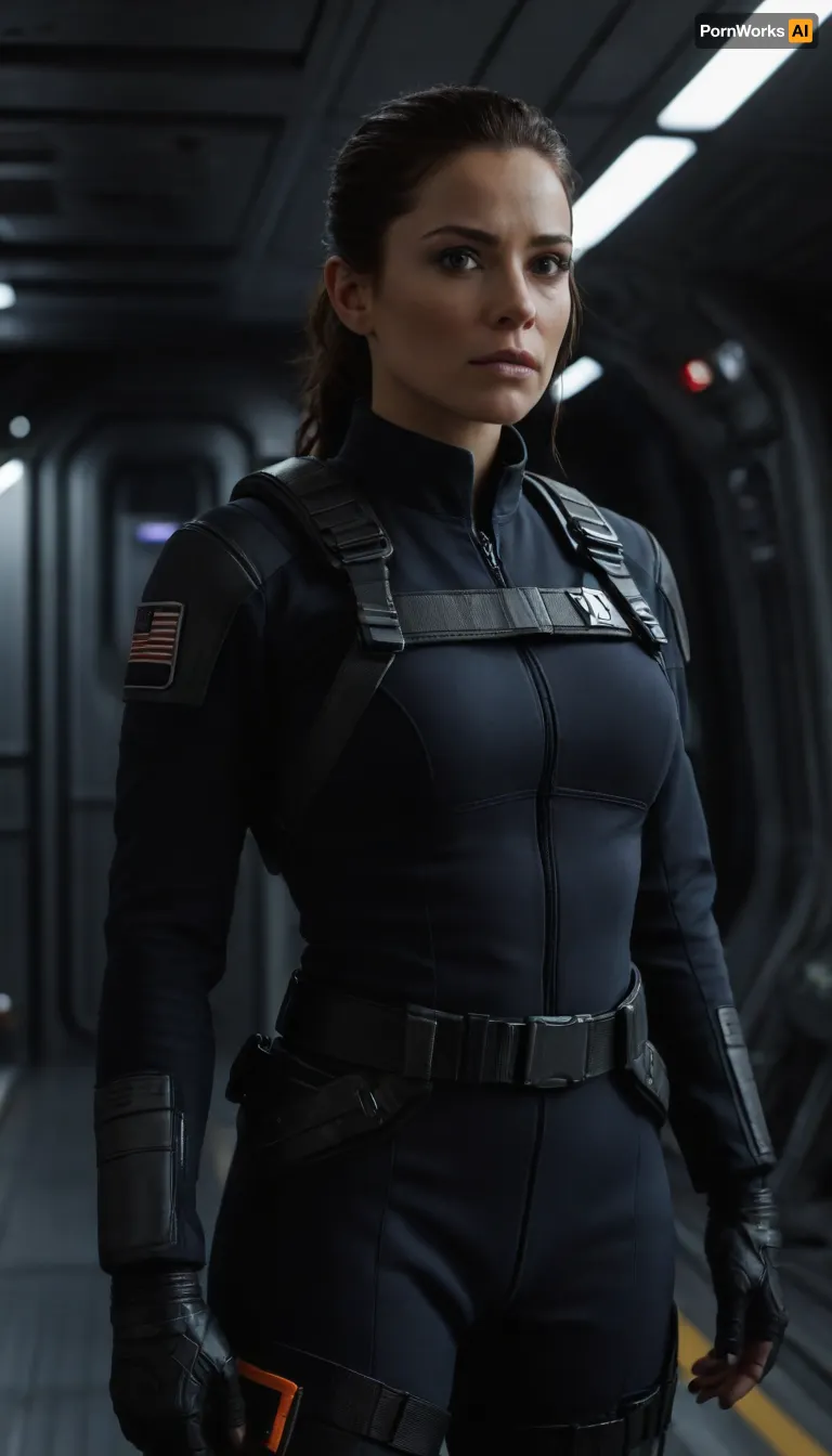 Beautiful female starship captain in a gritty realistic sci-fi universe inspired by The Expanse. Strong and athletic build, determined expression, sharp eyes showing leadership under pressure. Wearing practical belter/UNN/MCRN-inspired starship uniform, dark tactical jumpsuit with utility harness, subtle patches and insignia, sidearm holstered. Tied-back hair, no-nonsense style. Standing on the bridge of a starship, narrow corridors, glowing control panels, exposed piping, zero-g straps and railings. Background of outer space through reinforced windows, stars and distant asteroids. Ultra-realistic hard sci-fi art, highly detailed, cinematic dramatic lighting, tense and commanding atmosphere.