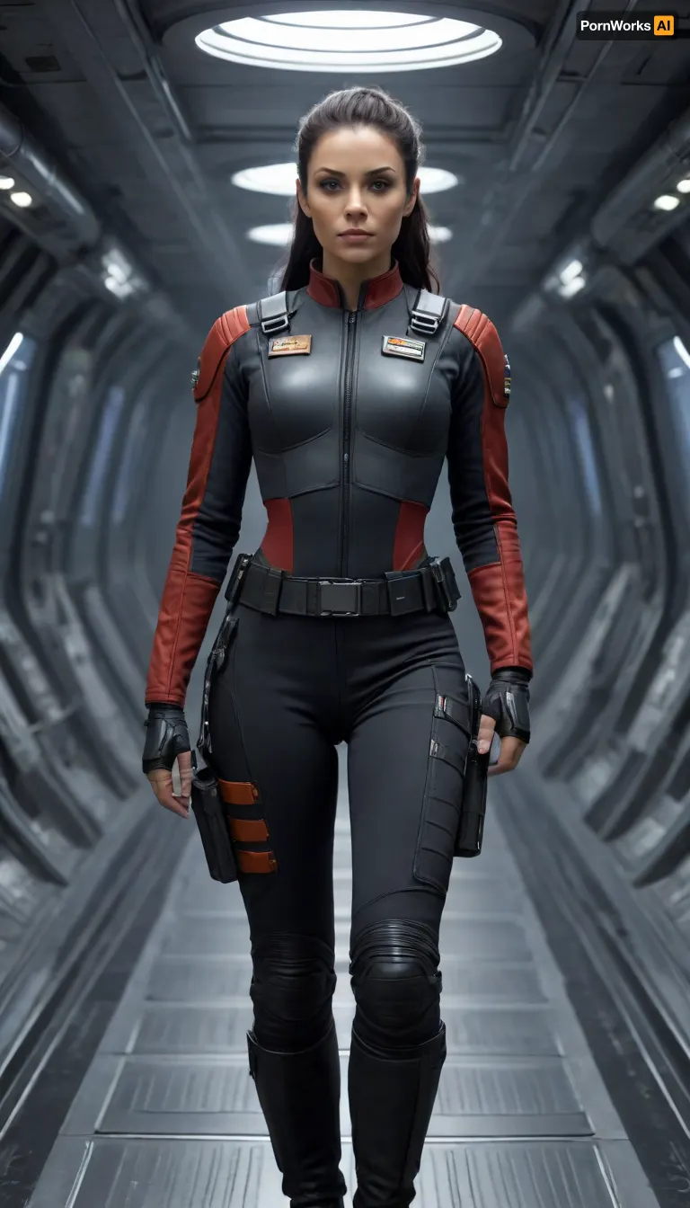 Beautiful female starship captain in a gritty realistic sci-fi universe inspired by The Expanse. Strong and athletic build, determined expression, sharp eyes showing leadership under pressure, large bimbo breasts. Wearing practical belter/UNN/MCRN-inspired starship uniform, dark tactical jumpsuit with utility harness, subtle patches and insignia, sidearm holstered. Tied-back hair, no-nonsense style. Standing on the bridge of a starship, narrow corridors, glowing control panels, exposed piping, zero-g straps and railings. Background of outer space through reinforced windows, stars and distant asteroids. Ultra-realistic hard sci-fi art, highly detailed, cinematic dramatic lighting, tense and commanding atmosphere.