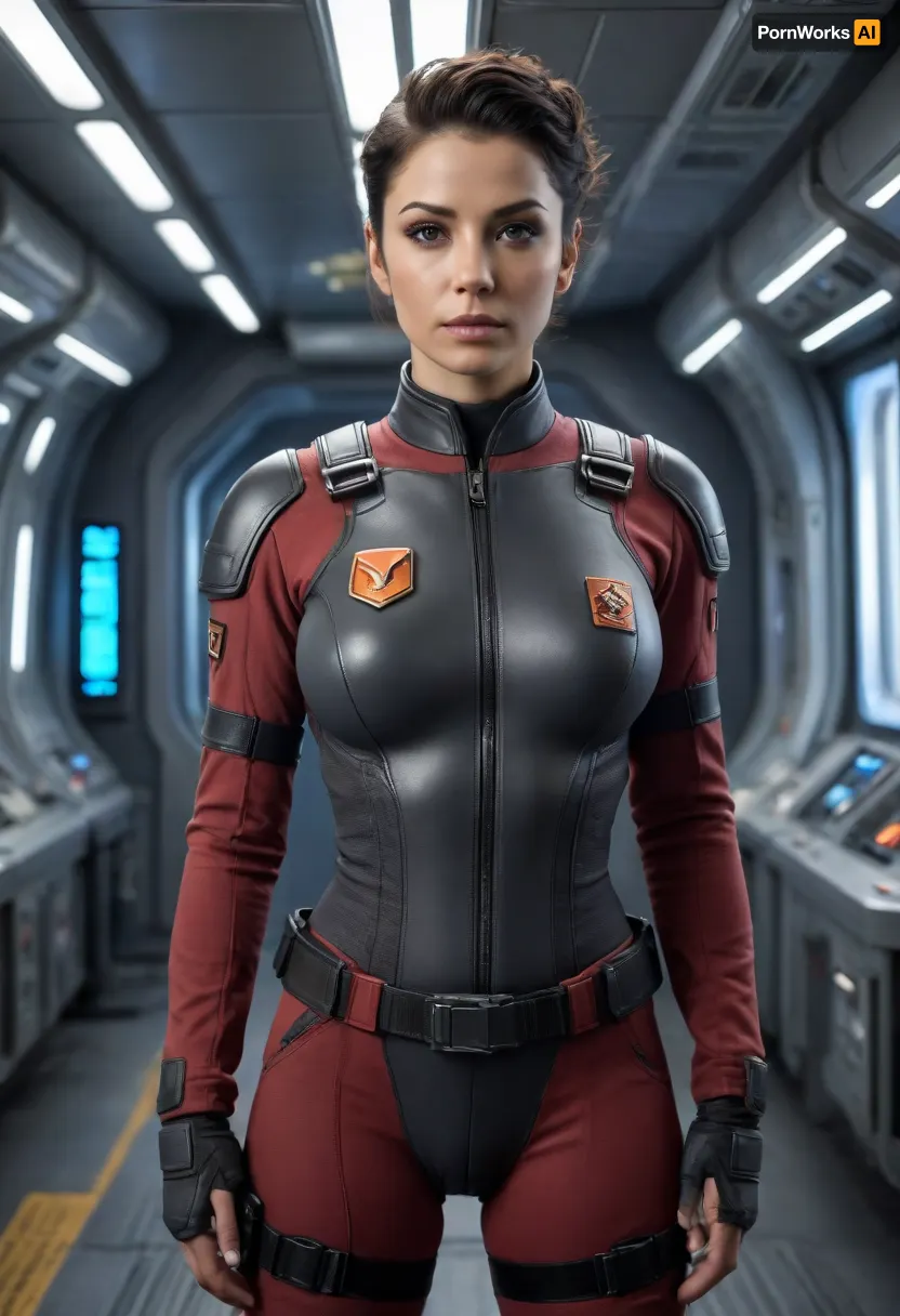 Beautiful female starship captain in a gritty realistic sci-fi universe inspired by The Expanse. Strong and athletic build, determined expression, sharp eyes showing leadership under pressure, large bimbo breasts. Wearing practical belter/UNN/MCRN-inspired starship uniform, dark tactical jumpsuit with utility harness, subtle patches and insignia, sidearm holstered. Tied-back hair, no-nonsense style. Standing on the bridge of a starship, narrow corridors, glowing control panels, exposed piping, zero-g straps and railings. Background of outer space through reinforced windows, stars and distant asteroids. Ultra-realistic hard sci-fi art, highly detailed, cinematic dramatic lighting, tense and commanding atmosphere.