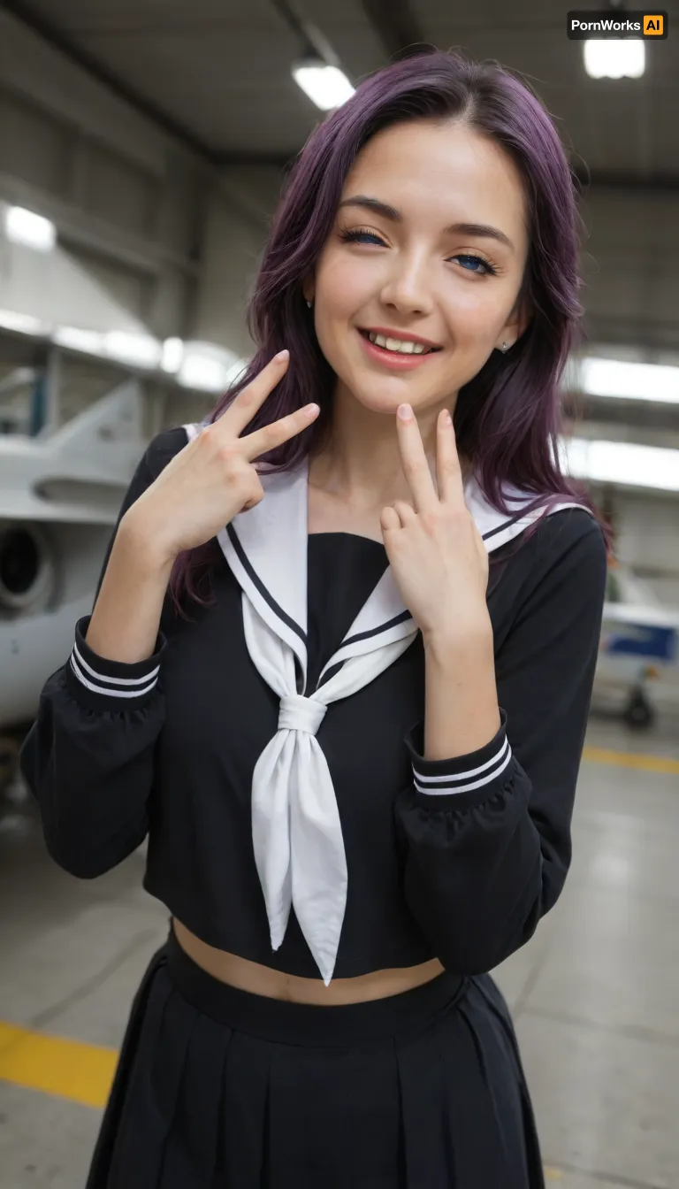 masterpiece, best quality, amazing quality, youko mendou, long hair, blue eyes, purple hair, bow, hair bow, mole, mole under eye, mature female, anime screencap, skirt, serafuku, shirt, black shirt, white sailor collar, long sleeves, black skirt, neckerchief, white neckerchief, curemelody pose, solo, smile, open mouth, one eye closed, v, d, v over eye, hands up, hangar, planes, large, storage, aviation, cowboy shot, looking at viewer