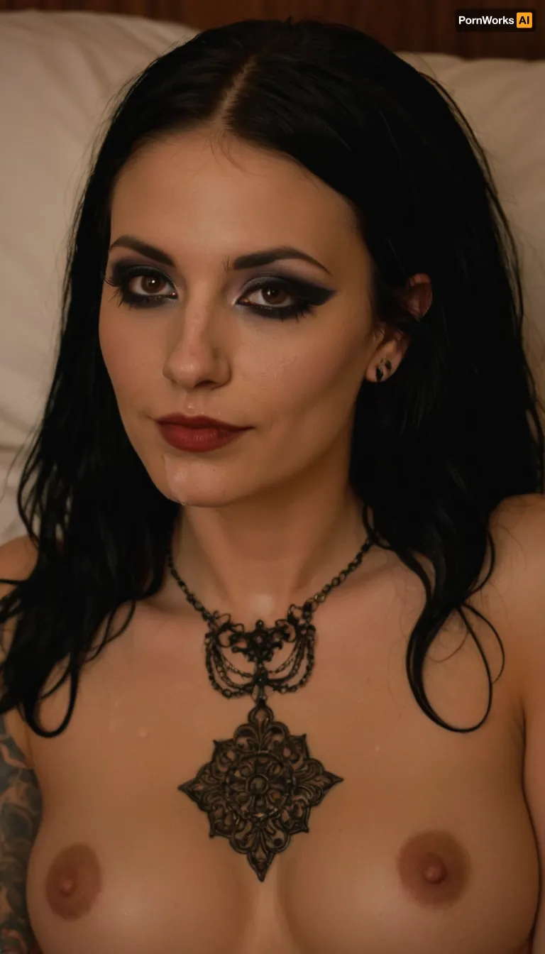 extremely beautiful and slender 25 year old goth cumbucket with big tits lying on the bed after a wild party, a gallon of thick cum has recently been poured over all of her body and face, lovely eyes, cute eyes, sexy eyes, sweet eyes, cute smile, (((full body portrait))), tack sharp, ultra realistic, artsy, (skinny face), (long face), (long skinny nose), ((dark goth makeup)), lots of tattoos, bukkake, cum, <lora:MS_Real_XL_Bukkake:.8>