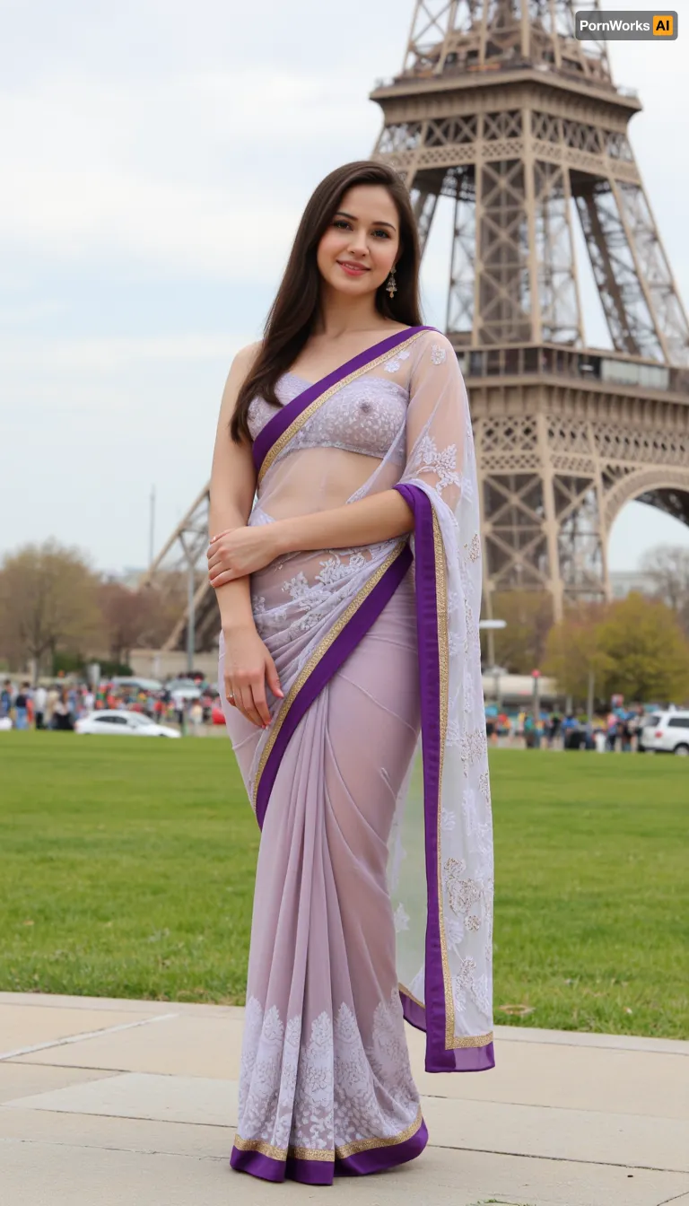 Beautiful mature Indian woman, wearing a see thru sari, Eiffel Tower setting