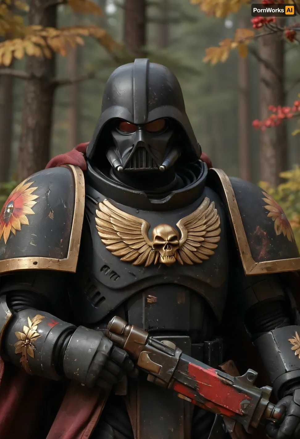 Darth Vader in a painted Khokhloma style space marine's power armor, (armor is painted Khokhloma style:1.5), fighting against Wookiee in the Star Wars forest, Knight, black Khokhloma style colourful armor, black hooded cloak, holding, bolter, power, primaris, helmet, defeated Wookiees in the background, <lora:primaris_marine-knight_armor-000007:.8>, <lora:tbh230-sdxl:.8>
