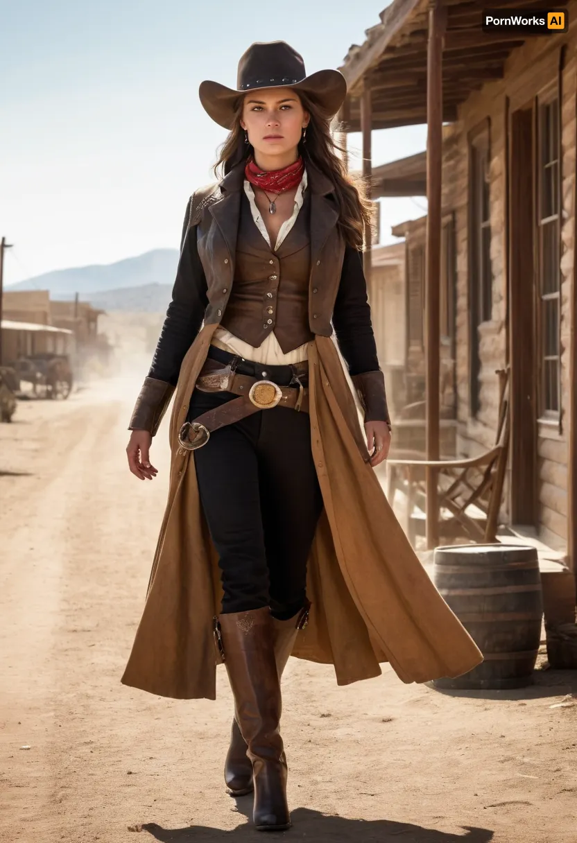 Beautiful female gunslinger of the Old West, tall and lean with a rugged but graceful presence. Sun-kissed skin, sharp piercing eyes under the brim of a wide cowboy hat, long windswept hair tied back. Wearing authentic 1800s gunslinger attire, weathered leather duster coat, vest, button-up shirt, gun belt with holstered revolvers, spurred boots, and a bandana around her neck. Standing in a dusty frontier town street at high noon, tumbleweeds rolling by, saloon and sheriff’s office in the background. Holding one hand near her revolver, poised for a duel. Ultra-realistic Western art, highly detailed, cinematic golden sunlight, gritty and dramatic atmosphere.