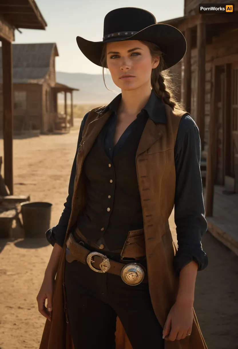 Beautiful female gunslinger of the Old West, tall and lean with a rugged but graceful presence. Sun-kissed skin, sharp piercing eyes under the brim of a wide cowboy hat, long windswept hair tied back. Wearing authentic 1800s gunslinger attire, weathered leather duster coat, vest, button-up shirt, gun belt with holstered revolvers, spurred boots, and a bandana around her neck. Standing in a dusty frontier town street at high noon, tumbleweeds rolling by, saloon and sheriff’s office in the background. Holding one hand near her revolver, poised for a duel. Ultra-realistic Western art, highly detailed, cinematic golden sunlight, gritty and dramatic atmosphere.