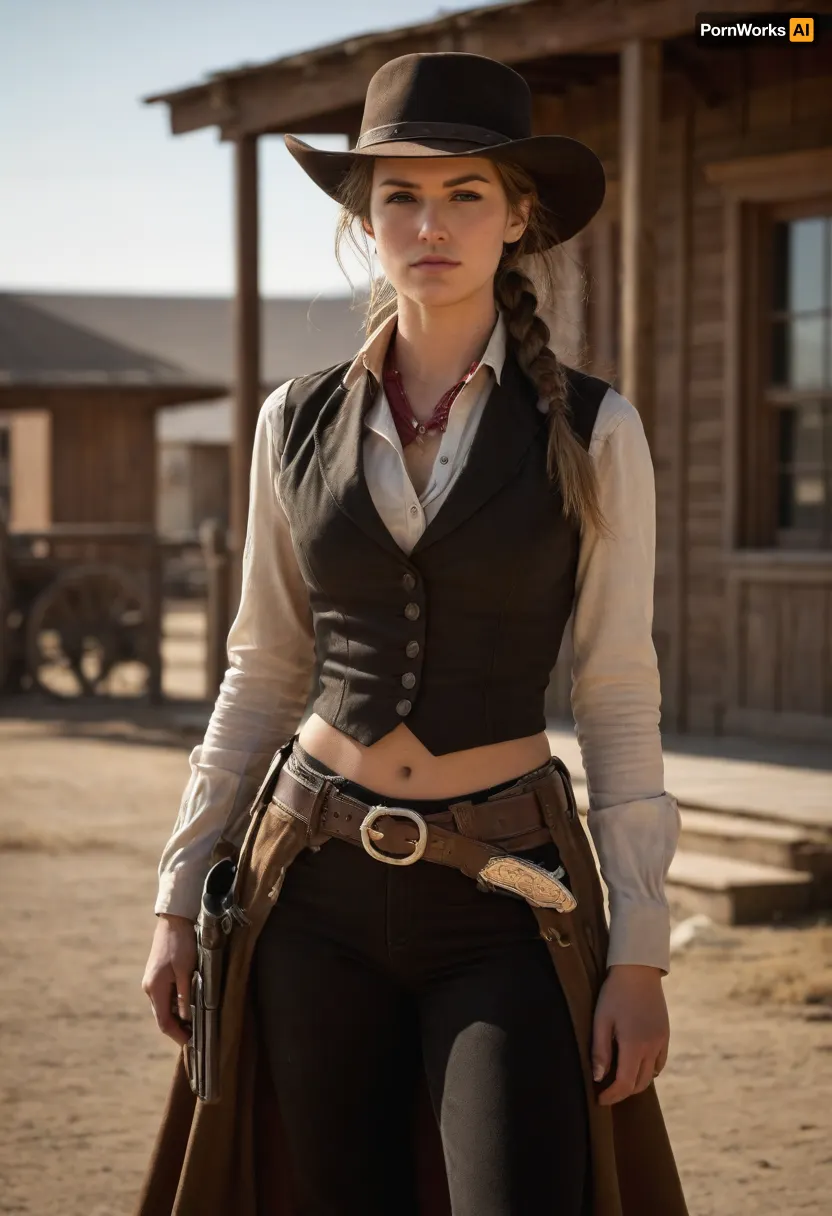Beautiful female gunslinger of the Old West, tall and lean with a rugged but graceful presence. Sun-kissed skin, sharp piercing eyes under the brim of a wide cowboy hat, long windswept hair tied back. Wearing authentic 1800s gunslinger attire, weathered leather duster coat, vest, button-up shirt, gun belt with holstered revolvers, spurred boots, and a bandana around her neck. Standing in a dusty frontier town street at high noon, tumbleweeds rolling by, saloon and sheriff’s office in the background. Holding one hand near her revolver, poised for a duel. Ultra-realistic Western art, highly detailed, cinematic golden sunlight, gritty and dramatic atmosphere.