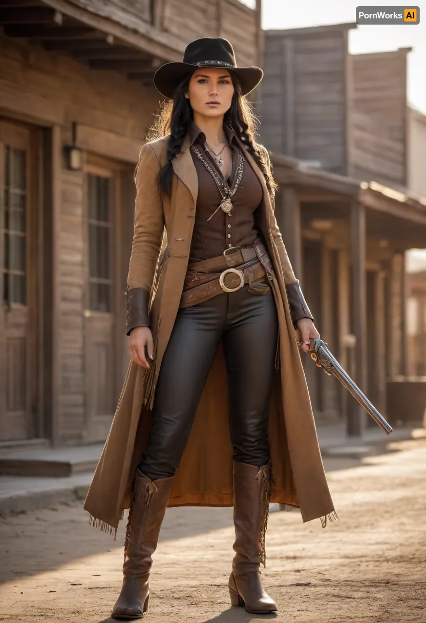 Beautiful Native American female gunslinger of the Old West, strong and graceful with a proud stance. Sun-kissed skin, long black braided hair, piercing dark eyes filled with determination. Wearing a mix of frontier and Native attire, weathered leather duster coat over traditional beaded tunic, gun belt with revolvers at her side, cowboy hat with feather tucked into the band, and sturdy riding boots. Standing in a dusty frontier town street at dawn, poised for a duel, saloon and wooden buildings in the background, desert mountains on the horizon. Ultra-realistic Western art, highly detailed, cinematic golden sunlight, atmosphere of grit, pride, and strength.
