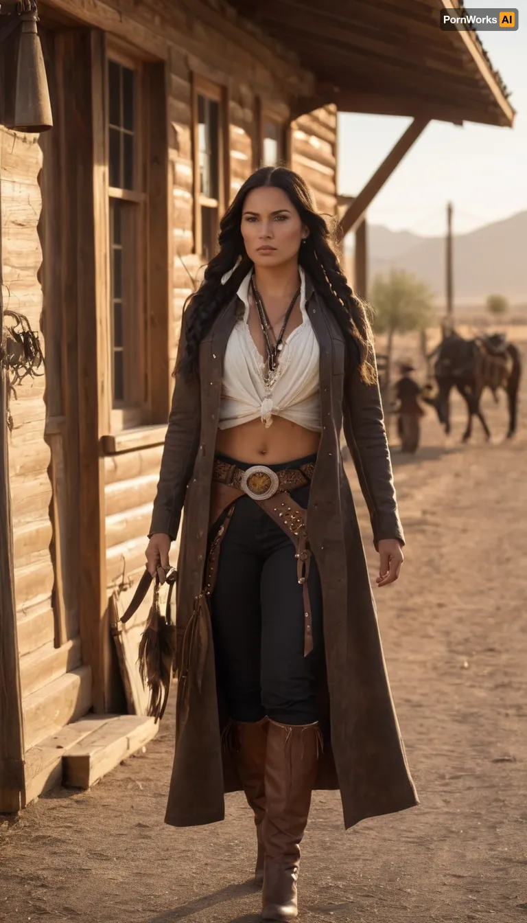 Beautiful Native American female gunslinger of the Old West, strong and graceful with a proud stance. Sun-kissed skin, long black braided hair, piercing dark eyes filled with determination, largebimbo breasts. Wearing a mix of frontier and Native attire, weathered leather duster coat over traditional beaded tunic, gun belt with revolvers at her side, cowboy hat with feather tucked into the band, no shirt. Standing in a dusty frontier town street at dawn, poised for a duel, saloon and wooden buildings in the background, desert mountains on the horizon. Ultra-realistic Western art, highly detailed, cinematic golden sunlight, atmosphere of grit, pride, and strength.