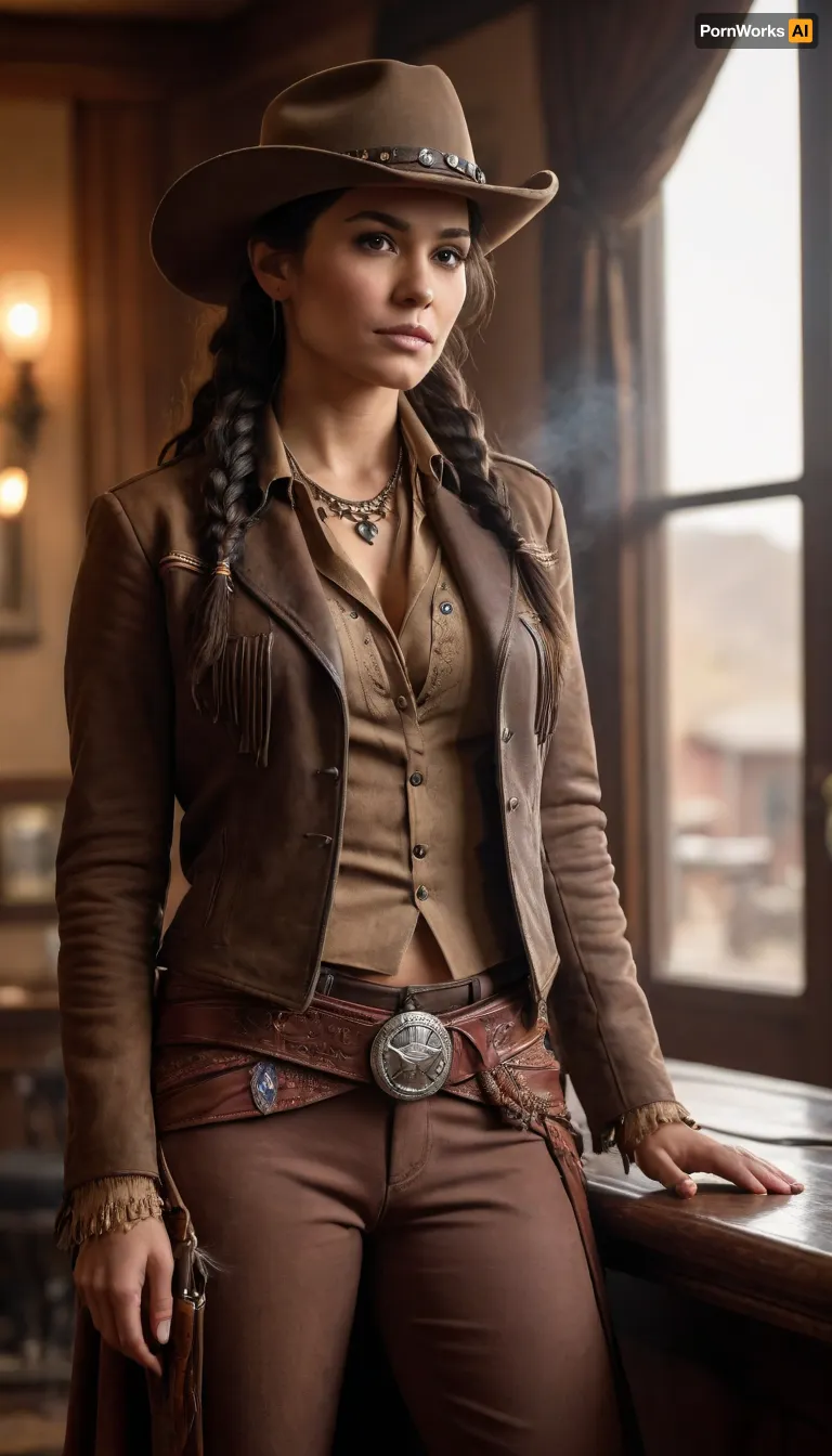 Beautiful Native American female gunslinger of the Old West, proud and striking with a commanding presence. Strong athletic build, sun-kissed skin, long black braided hair adorned with subtle beadwork, sharp dark eyes with a confident smirk. Wearing a long weathered leather duster coat over a beaded tunic, gun belt with revolver at her hip, cowboy hat tilted low with a feather tucked in the band. Leaning casually against the polished wooden bar of a smoky frontier saloon, whiskey glass in hand. Warm lamplight and haze of cigar smoke fill the room, piano in the background, patrons casting wary glances her way. Ultra-realistic Western art, highly detailed, cinematic moody lighting, tense yet charismatic atmosphere.