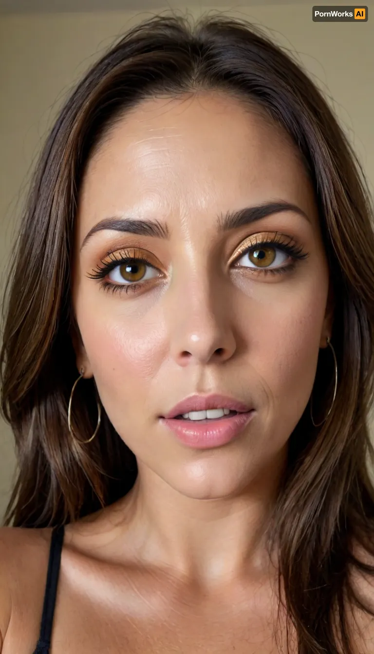 sexy mature, 45 years old, brunette, long hair, heavy make up, hoop earrings, tan skin, sexy naught shy smile flirt face, curvy wide body, small very natural saggy tits, face focus selfie, looking at the camera, face and eyes focus, Intense gaze, intense seductive eye contact with the viewer, (striking bright Amber eyes:1.5), <lora:rknArouseXL:.8>