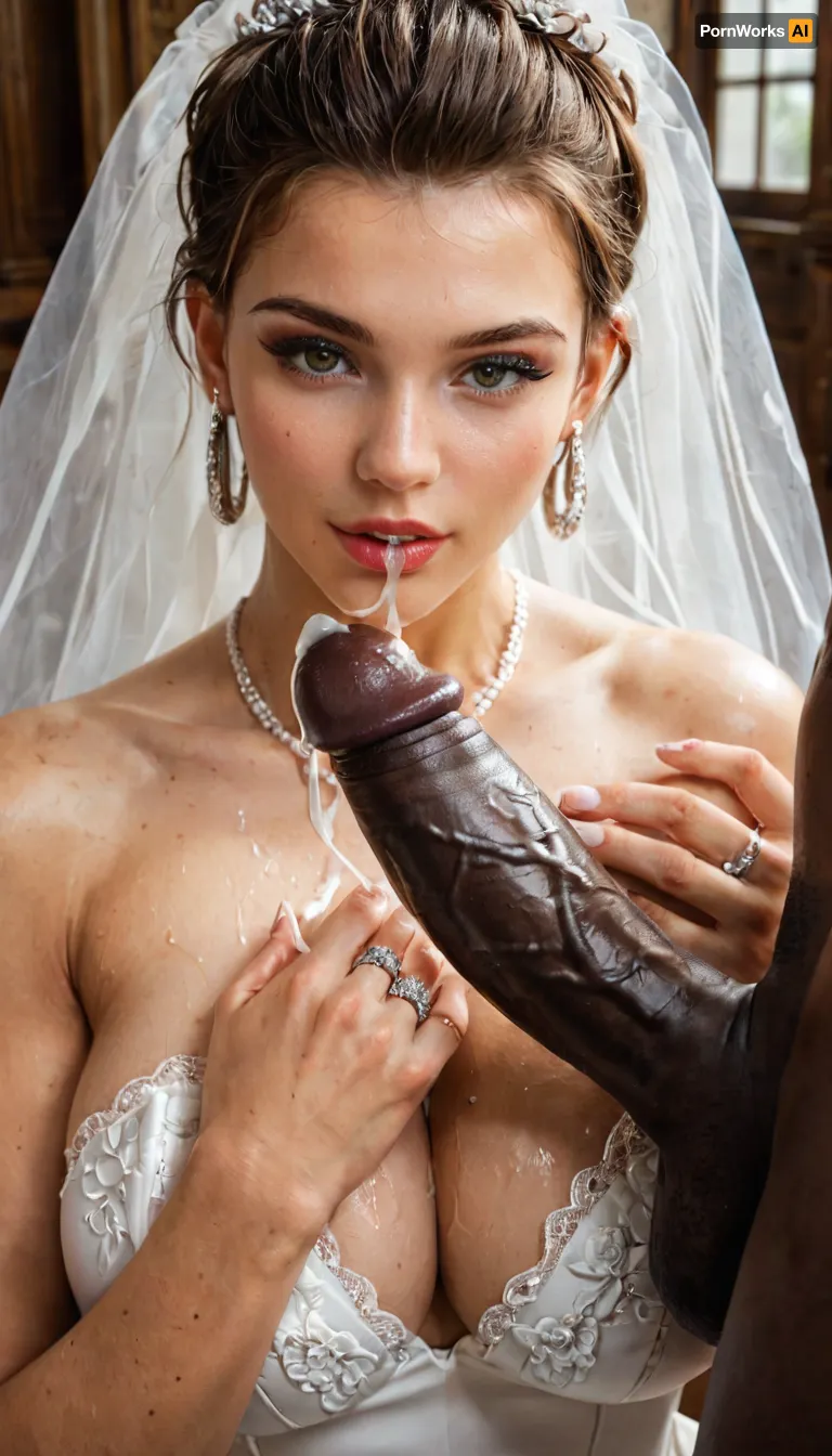 interracial, close up image of her hands and her wedding rings., (1 black man takes her hand close to the camera and cumshot on her wedding ring in her wedding ring finger:1.1), . A bride holding her hand close to the camera, focusing on her hand and wedding ring, with clear detail on the ring.
An Iranian bride with curvy, busty features, visibly humiliated, with wet, sticky, glossy cum on her wedding ring and modern transparent wedding dress, surrounded by 3 muscular, aggressive, black-skinned African lux men with large black cocks. super modern strappy sheer wedding dress. she shows her wedding ring, which is glistening in glossy sticky cum to the camera., proposal, <lora:681678_training_data:1.1>, <lora:proposal_XL_v1:1.1>