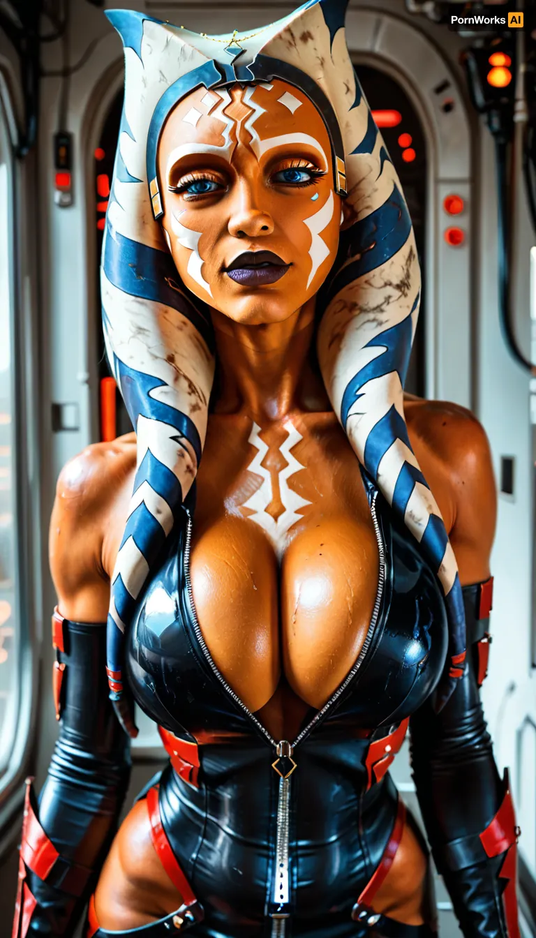 Solo, spaceship, horny face, ((((Ahsoka Tano)))), ((((((black transformer body:1.5)))))), ((((((devil vampire skin:1.2)))))), (((skin tight very sexy low cut pilot flight suit showing lots of cleavage with the zipper pulled all the way down in the front))), huge breasts, score_9, score_8_up, score_7_up, (athletic body with muscular arms and shoulders:1.4), NEGATIVE_HANDS, <lora:Animated_Concept:2>, <lora:hentai_anime_style_xl_v1:2>