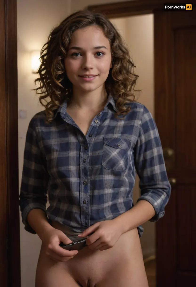 A young adult, light-skinned female, with shoulder-length curly light brown hair, round face, snub-nose, small lips, cross-eyes, smiles warmly, holding a black handheld device. She is wearing a casual button-down light gray and navy plaid shirt, she wears no pants, and no panties, presenting her hairy vagina. A simple gold necklace is visible under the shirt. The girl is standing in a dimly lit indoor space or entryway, positioned slightly to the left of the frame. A dark doorway or wall is behind her, creating a very dark background. The lighting is soft and slightly focused on the subject, highlighting the details of the face, hair, and clothing. The colors are muted, focusing on the warm tones of the skin and the moderate tones of the clothes. The overall impression is friendly and approachable. The image is shot from a slightly low angle, focusing on the subject. A sense of intimacy and quiet interaction is conveyed by the pose and expression. Photorealistic, detailed, cinematic lighting, medium close-up, <lora:XL-WomanBodyV2:1.7>, absolutely, terrifying, <lora:absolutely_terrified:.8>