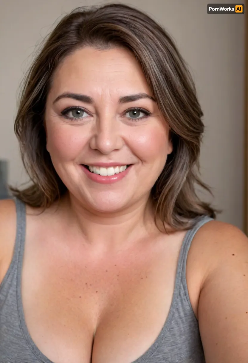 Photo of a fat 60 year old mature brunette woman with beautiful eyes, ((obese)), realistic skin, skin texture visible, (sharp focus), (high quality), (face visible), ((Detailed Face and Eyes)), 8k high definition, ((Greek woman)), ((wild light brunette hair with gray streaks:1.3)), ((stunningly beautiful woman)), ((sexy woman)), ((thin low-cut v-neck t-shirt)), ((smiling)), close up, ((leaning towards viewer)), ((saggy)), ((cleavage)), ((pokies)), ((erotic background)), (((perfect lighting))), ((front view)), (((looking at viewer))), (((chubby face:1.3))), (((round face:1.3))), ((mature woman)), (detailed skin texture, skin imperfections), (age-appropriate skin condition, wrinkles, wrinkled skin), downblouse, nipslip, fat，, chubby，, <lora:add-detail-xl:.8>, <lora:RealDownblouseXL2:1>, <lora:chubbyladyXL2.0:.5>
