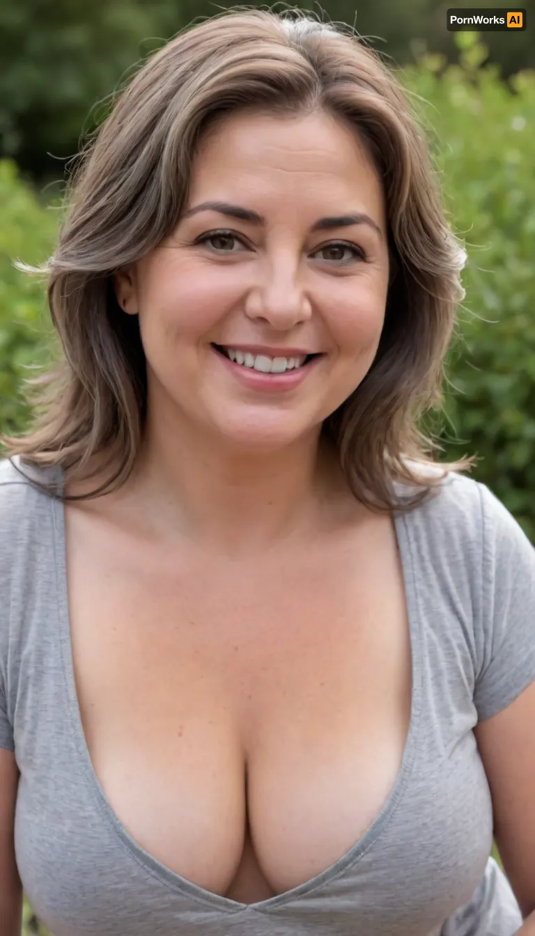 Photo of a fat 60 year old mature brunette woman with beautiful eyes, ((obese)), realistic skin, skin texture visible, (sharp focus), (high quality), (face visible), ((Detailed Face and Eyes)), 8k high definition, ((Greek woman)), ((wild light brunette hair with gray streaks:1.3)), ((stunningly beautiful woman)), ((sexy woman)), ((thin low-cut v-neck t-shirt)), ((smiling)), close up, ((leaning towards viewer)), ((saggy)), ((cleavage)), ((pokies)), ((erotic background)), (((perfect lighting))), ((front view)), (((looking at viewer))), (((chubby face:1.3))), (((round face:1.3))), ((mature woman)), (detailed skin texture, skin imperfections), (age-appropriate skin condition, wrinkles, wrinkled skin), downblouse, nipslip, fat，, chubby，, <lora:add-detail-xl:.8>, <lora:RealDownblouseXL2:1>, <lora:chubbyladyXL2.0:.5>