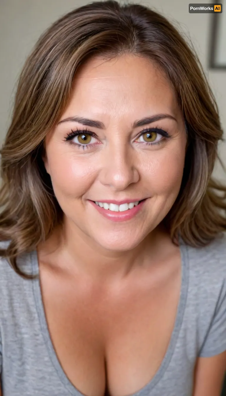 Photo of a fat 60 year old mature brunette woman with beautiful eyes, ((seductive)), realistic skin, skin texture visible, (sharp focus), (high quality), (face visible), ((Detailed Face and Eyes)), 8k high definition, ((tanned woman)), ((striking bright amber eyes)), ((wild light brunette hair with gray streaks:1.3)), ((stunningly beautiful woman)), ((sexy woman)), ((thin low-cut v-neck t-shirt)), ((smiling)), close up, ((leaning towards viewer)), ((saggy)), ((cleavage)), ((pokies)), ((erotic background)), (((perfect lighting))), ((front view)), (((looking at viewer))), (((chubby face:1.3))), (((round face:1.3))), ((mature woman)), (detailed skin texture, skin imperfections), (age-appropriate skin condition, wrinkles, wrinkled skin), downblouse, nipslip, fat，, chubby，, <lora:add-detail-xl:.8>, <lora:RealDownblouseXL2:1>, <lora:chubbyladyXL2.0:.5>