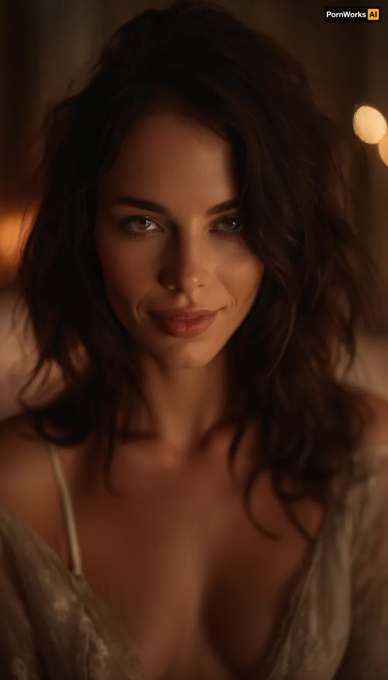 zip realism, (dark brunette hair with warm highlights, center-part hairstyle, thick voluminous hair), (sensual expression, predatory smile:1.4), (sexy lingerie, off the shoulder, foreplay, seduction), (avant-garde experimental photography, soft ethereal lighting), (sharp focus on eyes, loose closeup), (Dutch Angle, medium shot), (f/2.8, shallow depth of field, soft bokeh, layered composition with subtle foreground, vintage analog hasselblad lens:1.8), (soft saturation, dreamy pastel colors), <lora:MJ52:.8>