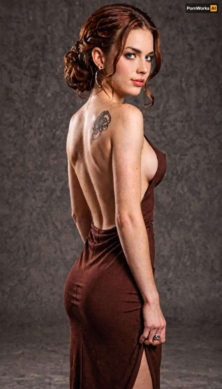 View from behind at a slight angle of a breathtaking fully clothed 19-year-old woman standing in a dimly lit night club, she is turned slightly so that our focus is on her back but we see some of her figure and part of her face, she is tall and slender with large breasts and flawless pale skin, her medium-length orange-red hair cascades down in ringlets, (((fully clothed in a beautiful opaque brown dress))), she wears a beautiful classy backless and strapless short chocolate brown evening dress that cups her body, the dress displays her gorgeous bare back while covering and accenting her perfect ass and thighs and showing some very tempting side boob, ((she has a colorful tattoo of Medusa’s head on one shoulder blade)), masterpiece, incredibly detailed, very sexy, ((side boob)), aidmawomanbodytattoo, <lora:aidmaWomanBodyTattoo-FLUX-V0.1:.8>, <lora:SkinDetails_flux_lora_v8:.8>, aidmafluxproultra, <lora:aidmaFluxProUltra-FLUX-v0.1:.8>