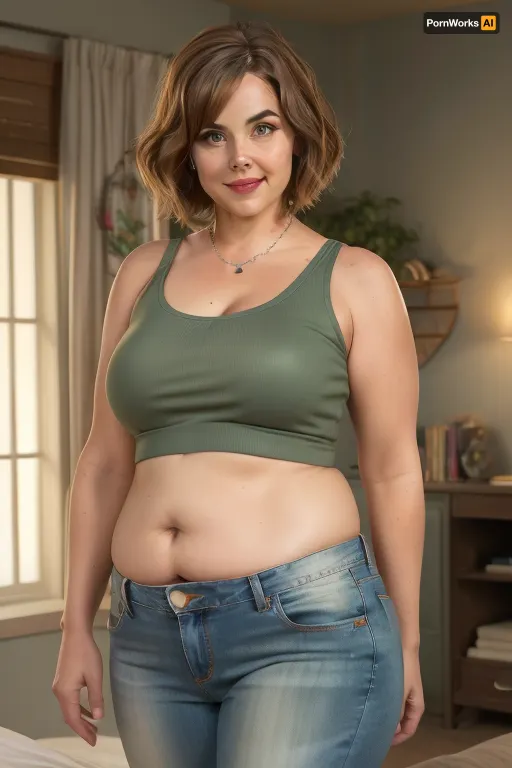 photorealistic, 60 years old, GILF, Aunt Cass, character from the big hero 6, (aunt cass from the big hero 6:1.2), best quality, afterglow, 4k, ((masterpiece)), extremely detailed, 8k, trending on ArtStation, Intricate, High Detail, Sharp focus, curvy, (beautiful face, perfect eyes:1.2), (Gilf:1.2), (curvy and chubby:1.1), (thick:1.2), (thick thighs), (bedroom_background), rating, safe, (wide_hips), collarbone, (white tank top, sleeveless, tight jeans), solo_focus, sensual, seductive smile, parted_lips, (brown hair, bob hair, green eyes), lips, looking_at_viewer, standing, ((contrapposto)), tt_saggy, tt_flat, art, by, kipteitei, belly, 1girl, <lora:tt_saggy:.5>, <lora:kipteitei:.5>