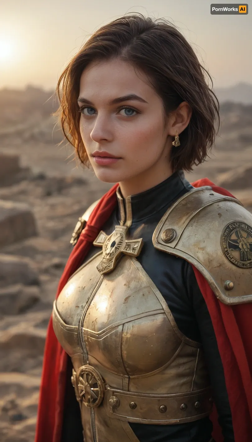 realistic Jill Valentine as a Warhammer 40k Rogue Trader in battle, fierce and commanding, wearing ornate gothic voidsuit armor with gold trim and a flowing crimson cape, purity seals and Imperial symbols across her armor, wielding a gilded power sword crackling with energy in one hand and a plasma pistol in the other, leading a boarding action aboard a burning starship, chaos of gunfire and melee around her, grimdark atmosphere, cinematic photorealism, ultra-detailed textures, dramatic lighting, volumetric light, ray tracing reflections, epic composition, depth of field, highly detailed environment, 8k, masterpiece, best quality