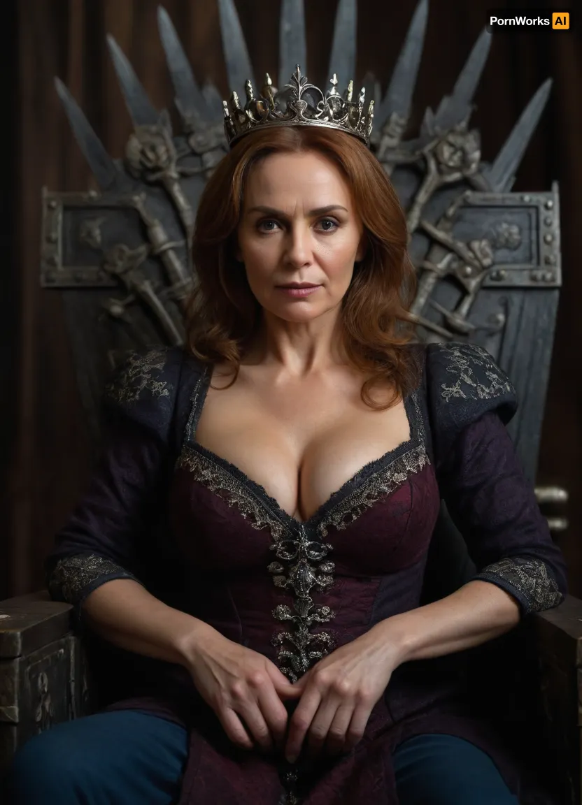 (hyperréaliste), belarus woman 50-years old, detailed face, sexy queen, cleavage, large breasts, sitting on iron throne