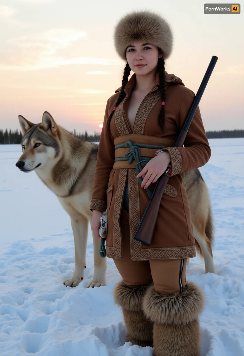 (One, (young Yakut woman, hunter:1.2), dressed, (in traditional Yakut winter hunting clothes:1.3), wearing a luxurious fur hat:1.1), (Yakut, detailed hunting clothing made of leather and fur:1.1), (double-barreled hunting rifle hanging on her shoulder:1.2), (standing in the snow, next to a realistic large Arctic wolf:1.4), (snow-covered plain:1.1), (winter landscape:1.1), (sun setting below the horizon:1.1), (distant trees:1.1), (focused gaze:1.1), (depth of field:1.1), (photorealism:1.3), (studio lighting:1.1), (reportage photography:1.1), (high detail:1.1), (ultra-high resolution:1.1), (8k:1), (outdoor photography:1.1)