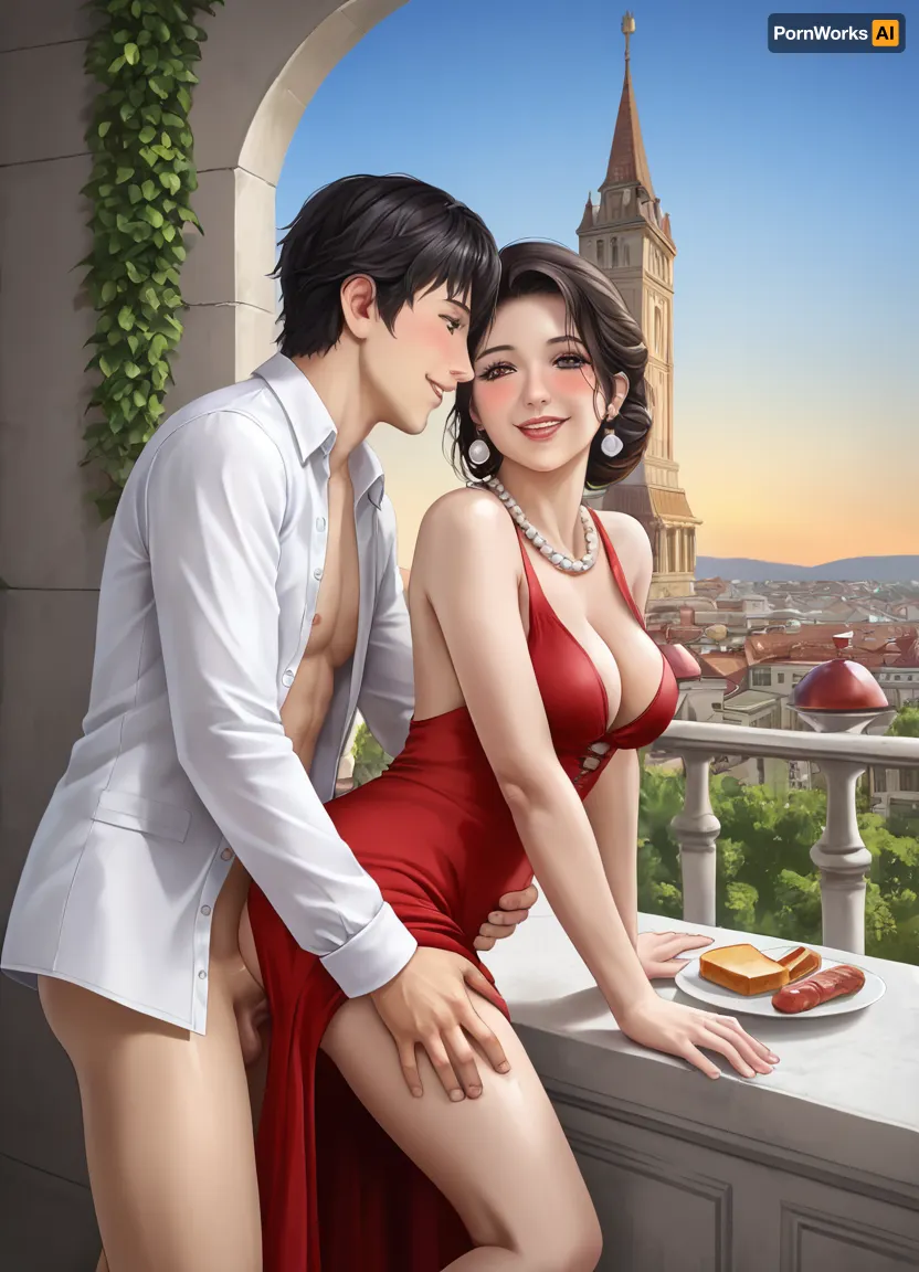 CClassic hentai/anime style, ((Masterpiece)), ((best quality)), (realistic details:1.2), ((couple)), (woman and man on the balcony:1.1), (Renaissance style:1.4), (beautiful, mature, smiling woman:1.3), MILF, (long dark hair), (red dress with bare shoulders), (unbuttoned bodice:1.4), (full nude breasts:1.2), (cleavage), (bare breasts:1.4), (pearl necklace), (blush on cheeks:1.1), (man in shirt), (man's hand on woman's thigh:1.3), (man fucking woman in the ass:1.8), (Leaning Tower of Pisa in the background:1.7), ((rising sun)), soft lighting, open balcony, (picturesque landscape:1.2), Italy, medieval city, greenery, bright sky, ((nearby glass of red wine, meat, bread, cheese)), (breakfast turning into anal sex)