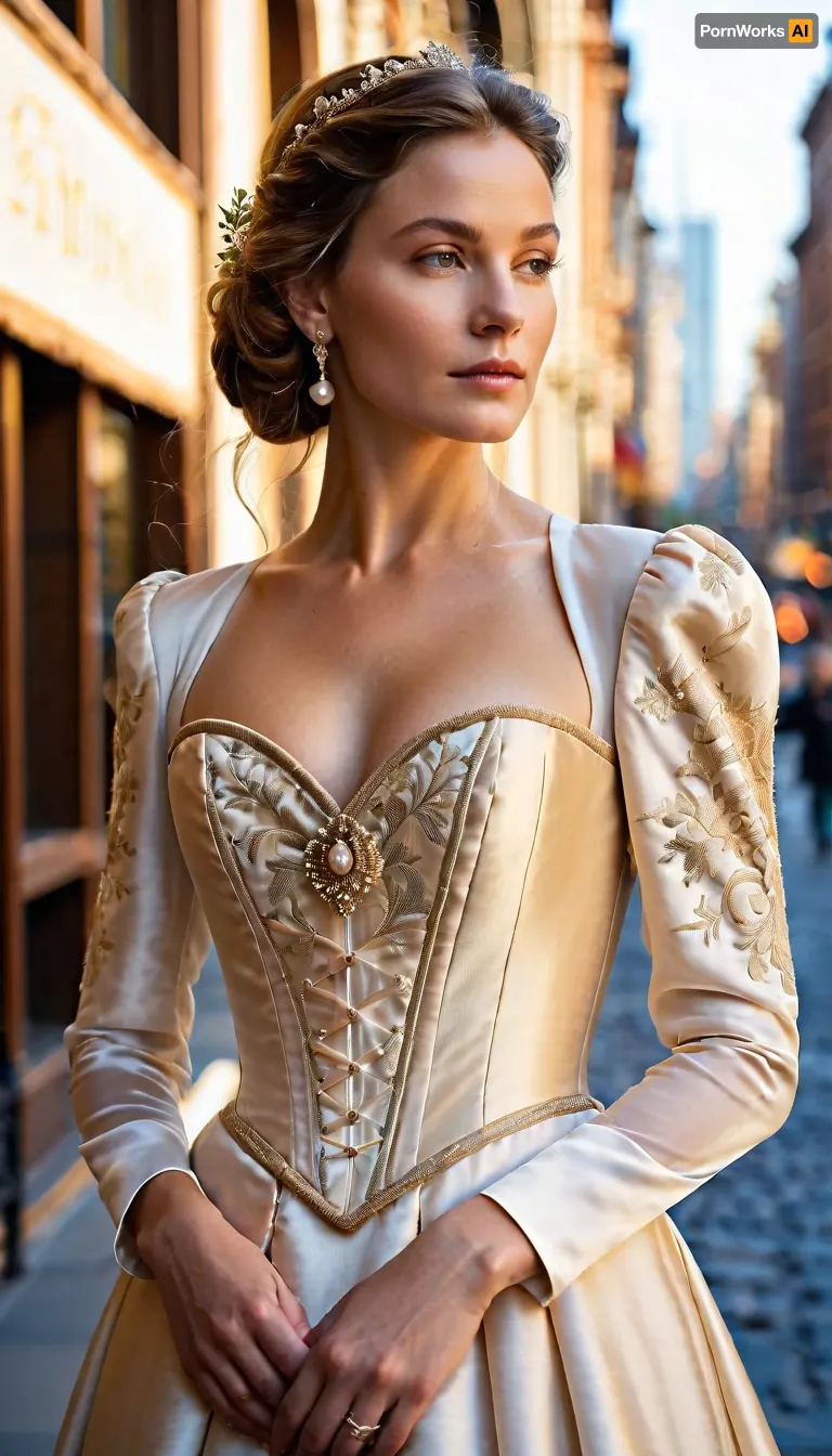 "Cinematic masterpiece, hyper-realistic 32K photograph, shot with a custom-calibrated Phase One XT camera, Rodenstock HR Digaron-S 180mm f/5.6 lens, captured at golden hour with intricate bokeh and natural atmospheric haze. A subtly posed, elegant highborn Italian Renaissance noblewoman, (inspired by Isabella d'Este, in her prime), stands poised, gazing thoughtfully, as if momentarily paused, amidst a truly authentic, bustling modern New York City streetscape, (circa 2025-2027), . Every thread of her custom-tailored, historically accurate 16th-century Italian gown is visible, iridescent Venetian silk brocade, rich velvet accents, delicate gold thread embroidery, intricate pearl detailing on the bodice and sleeves. The gown features a graceful, flowing silhouette with natural folds, a perfectly structured yet soft corset, and an aristocratic, modest décolletage. Her complexion is flawless, natural skin texture, serene yet commanding facial expression, subtle period-appropriate makeup. The urban environment is a photorealistic tapestry of soft-focus background elements, architectural reflections on glass edificios, diffused light from distant LED screens, indistinct figures of passersby, and genuine street textures. The composition is a harmonious blend of historical grandeur and contemporary urban grit, captured with exquisite depth of field and an artistic eye for storytelling. The overall mood is one of timeless beauty encountering dynamic modernity, evoking a sense of wonder and sophisticated contrast. Masterful light and shadow play, extreme textural fidelity, no digital noise, perfectly rendered proportions and anatomy."