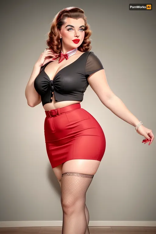photorealistic 1950s pin-up woman, age 30, curvy figure, glowing skin, classic makeup, winged eyeliner, bright red lipstick, vintage waves hairstyle with bold bow, fitted retro top, subtle neckline, high-waisted pencil skirt, sheer back-seam stockings, elegant high heels, sensual playful pose, confident charming expression, retro 1950s background, cinematic soft lighting, ultra-detailed, 8k, high resolution, realistic skin texture.