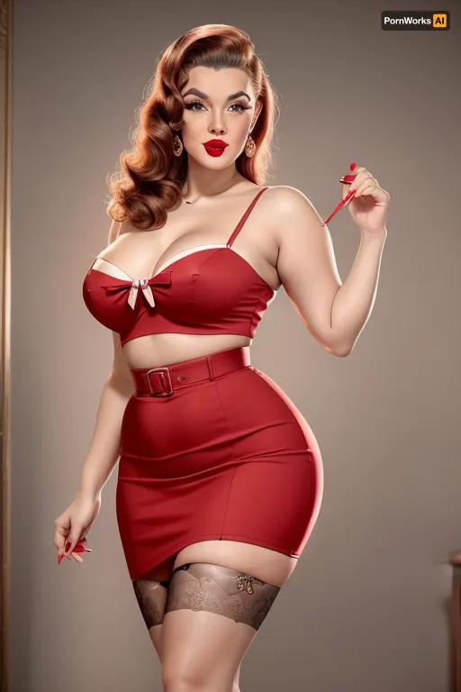 photorealistic 1950s pin-up woman, age 30, curvy figure, glowing skin, classic makeup, winged eyeliner, bright red lipstick, vintage waves hairstyle with bold bow, fitted retro top, subtle neckline, high-waisted pencil skirt, sheer back-seam stockings, elegant high heels, sensual playful pose, confident charming expression, retro 1950s background, cinematic soft lighting, ultra-detailed, 8k, high resolution, realistic skin texture.