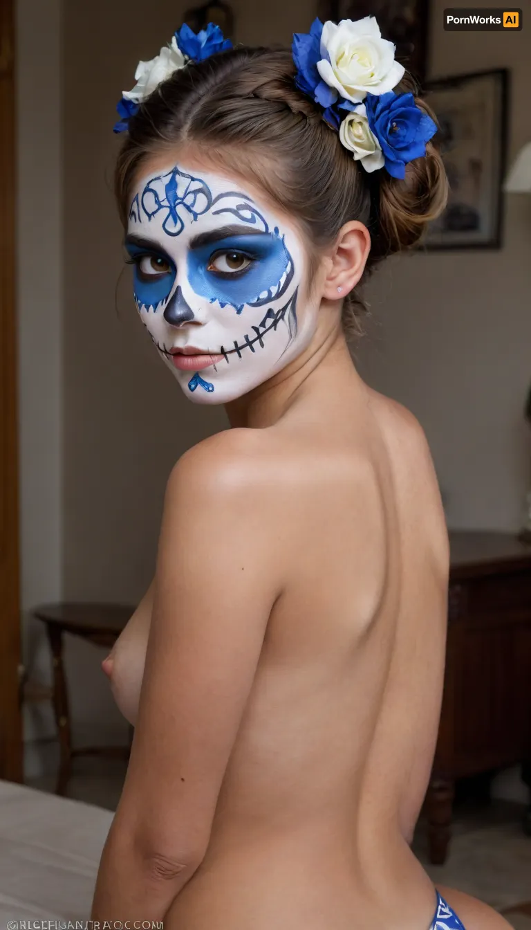 In the middle of afiesta, Sexy, little, Mexican girl, hair done up nice, big green eyes, in blue and white traditional Catrina, ((blue and white face paint)), t1, skull, dia de los muertos, day of the dead, naked, dark tanned body, mexican, talavera, she is bent over on her hands and knees, the POV is from behind her, she's looking back at the viewer, <lora:TalaveraCatrina_by_Devdope-000011:2>, <lora:ahxl_v1:1.1>