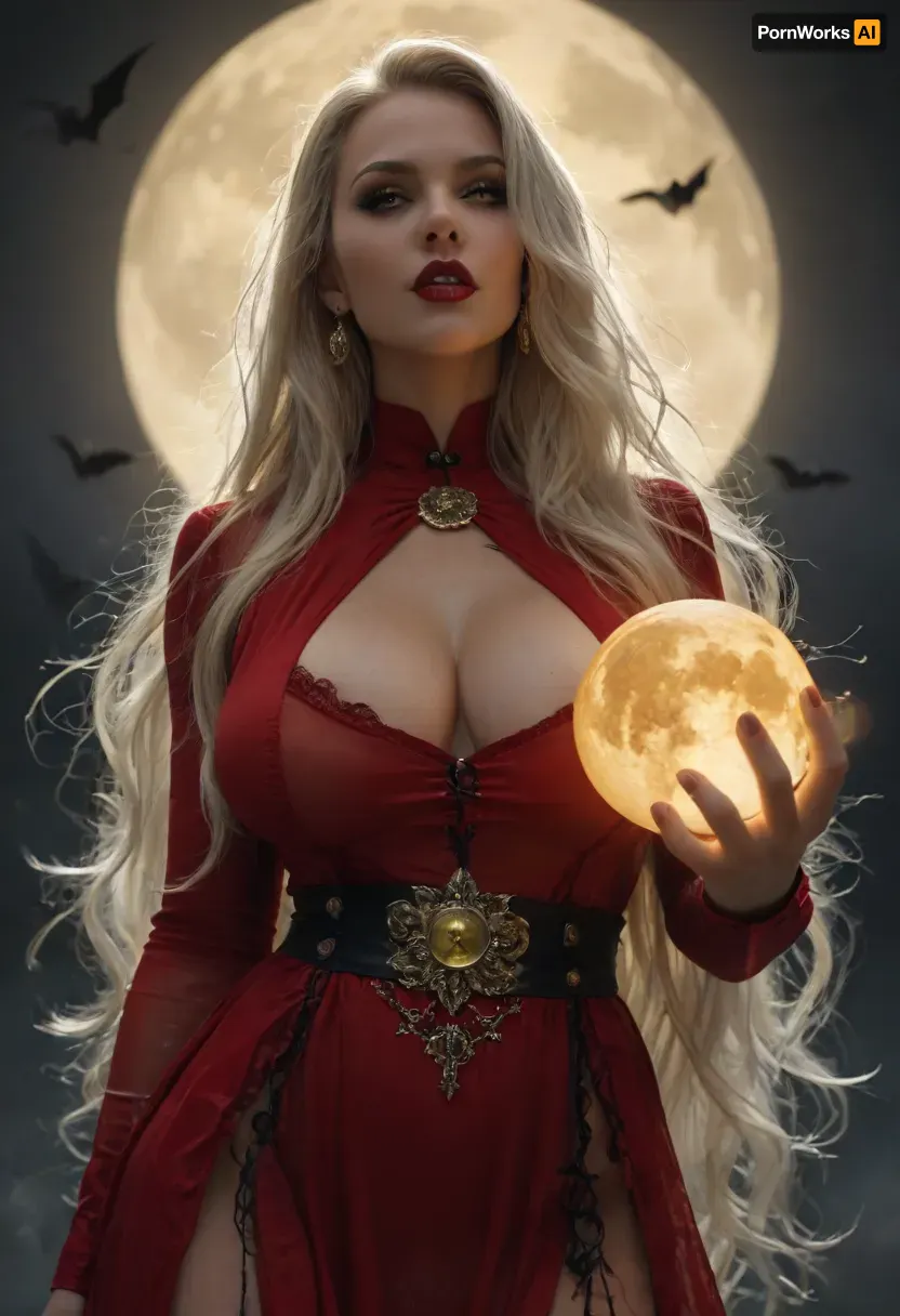 score_9_up, score_8_up, score_7_up, tall slender woman, lady death, hourglass figure, black lipstick, mouth slightly opened, teeth, (holding a glowing ball), eyesshadow, long eyelash, mini waist, massive hip, giant sagging breasts, extremely pale skin, (platinum long flowing hair:1.3), flowing_transparent_red_bodysuit, glowing waist belt, wind, flouting in the air, night, flying bat see through the moon, (extreme full yellow moon:1.6), low angle shot, <lora:style_lora_realis:.8>