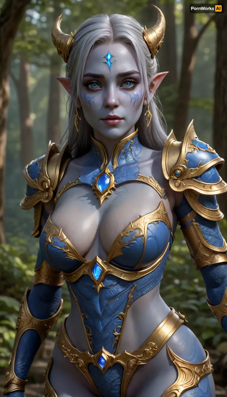 Draenei, blue skin, golden harness armor with corselet, golden rings of earrings, golden bracers on arms and thighs, wet body, elven palace, super detained, in forest lake super realistic, superquality, detailxl, art, by, mooncryptowow, <lora:detailed_notrigger:.8>, <lora:WowifierXL-V2:.8>