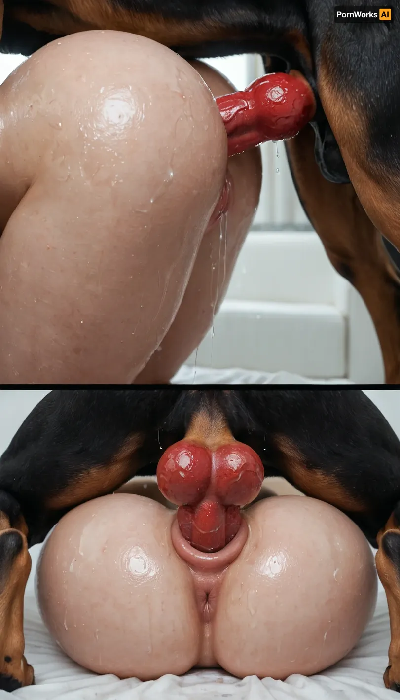 Dog mating, hardcore anal dog sex, side view, puffy shiny asshole, big wet ass, massive soft ass, white girl ass fucked aggressively by black dog, huge red knotted dog cock, full side view, doggy style fucking