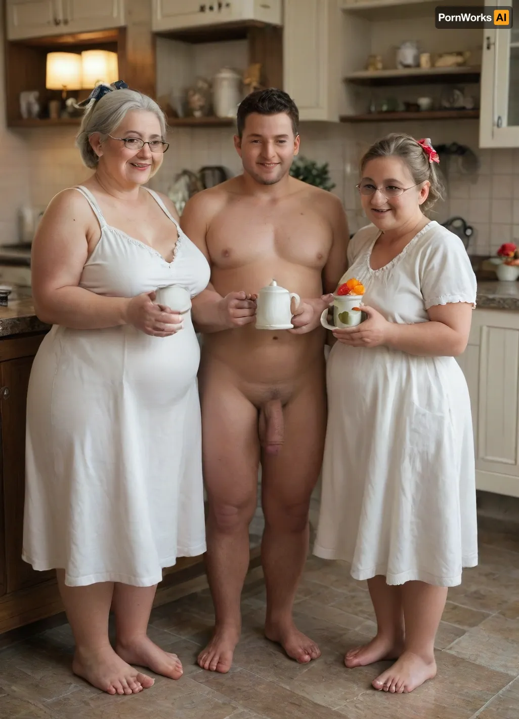 Two women and two boys, dim lighting, candles, (obese granny), in glasses wearing long white sundress and robe, gray hair, hair bow, very tall, (young obese girl), in sundress, ((young man)), ((man fully naked)), flaccid cock, happy, full body view, cozy kitchen, sunny day, flowers, fruits, teapot, holding coffee mugs