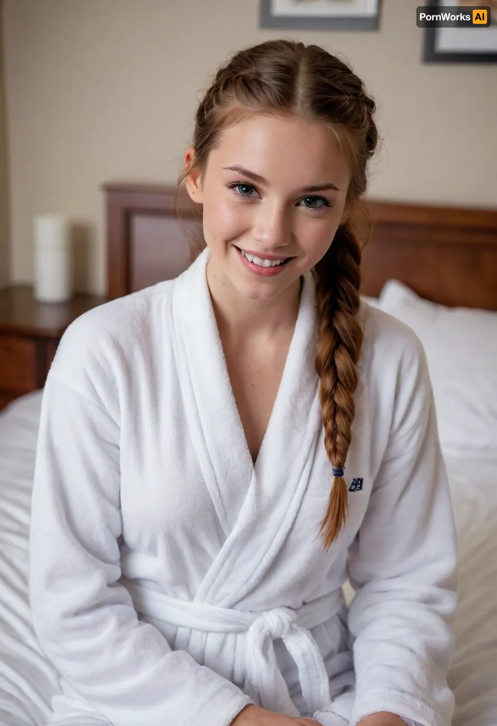 (masterpiece, best quality, high resolution, photorealistic, cinematic lighting), 1 young woman, sitting on the edge of her bed, pussy, (American), extremely beautiful, the most popular girl in school, excited smiling face, (auburn hair), long hair, (braided pigtails), skinny, short waist, (very petite), (wearing a white terrycloth bathrobe), in a college dorm bedroom, portrait from the waist up