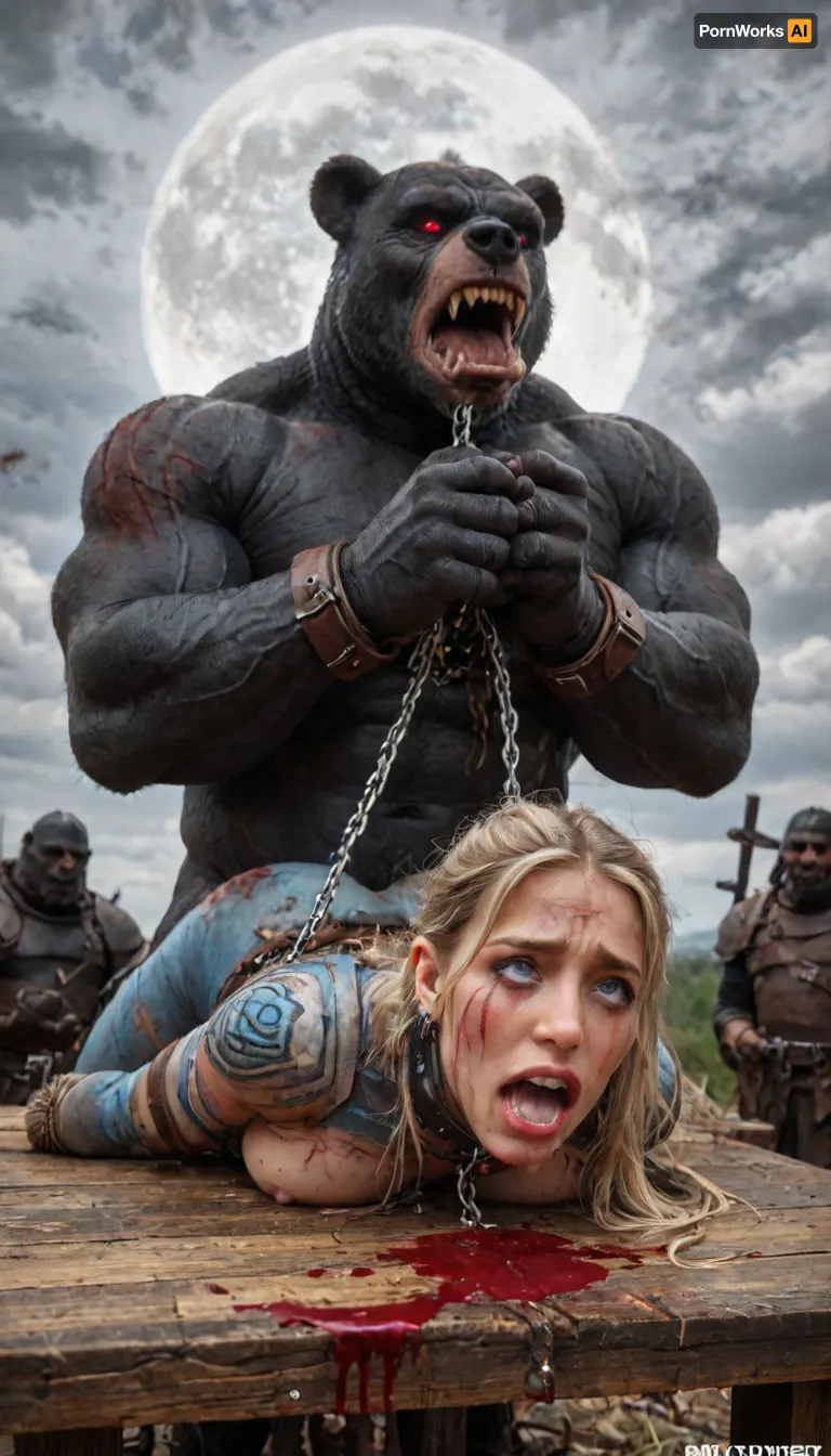 1girl, realistic, 21 year, beautiful blonde woman, symmetrical face, (high detailed face), (high detailed skin), 8k uhd, dslr, high quality, green eyes, masterpiece, best quality, highly detailed, beautiful, extremely detailed face, perfect lighting, solo, blonde hair, large breast, x shaped pasties, choker, long hair, reverse outfit, black reverse bunnysuit, fake rabbit ears, cowboy shot, nightcity background, ((heart on nipples)), mouth, happy, (naughty face), gloves, wrist cuffs, pubic hair, blonde public hair, long sleeves, peace, sign, anal spitroast, gagging on cock, screaming, shocked, tearful, huge penis penetrating anus, rough sex, tattooed, scarred, purple eyes, blue skin, amazon, giant, fur barbarian armor, bloody, blood spatter, bear, (in a bloody filed after a battle, white full moon in the sky:1.4), (man is choking her from behind:1.4), ((hogtied, bound with large chains, crucified to a torture table, spikes through hands:1.3)), (torture:1.32), (large sharp sword in anus:1.12), cock in mouth, (brutal face fuck), Blowjob, (tears in eyes:1.5), (running makeup), (cum drips from mouth:1.3), ultra hd, photorealistic, hyper gigantic large black cock in mouth, (((hyper gigantic large black cock in mouth:1.3))), oral cream pie, hair grab, sad crying, tongue out, gasping for air, zavy-brbrn, gangbang, double anal penetration, groupsex, deepthroat, (4 gigantic African black brute thug, huge trunklike arms, huge head, hyper muscular body, dressed in slave clothes:1.32), ((hogtied, bound for sex, tied up)), (((large white cock in mouth:1.3))), (pulled nipples:1.2), nipple clamps, (((spitroast))), (((massive cock in mouth:1.3))), deep anal penetration, Uber realistic, 8k, ultra detailed, arched back, detailxl, 35mm photograph, film, professional, 4k, 5 boys, hdr, photographic, ultra realistic, ultra high details, back light, (front view), (dynamic pose), incredibly lean body, anal sex, with large muscular black men, gargantuan black cocks, large hyper muscular fat old men, (double anal sex), swollen white veiny cocks, (double anal penetration), hardcore double penetration, proper physics, big white cocks, muscular white double anal gangbang, extremely graphic, shocked expression, beautiful hands, magazine cover, Realism_Quality_2xx_By_Stable_Yogi, score_9, score_8_up, score_7_up, (((very pretty face:1.3))), (((extremely ultra detailed face:1.3))), perfect fingers and hands, upper body view, (extreme size difference:1.16), (ultra realistic), (maximum quality), (high resolution), (extreme detail), (ultra realism), UHD, super high quality, high resolution, natural lighting, (dynamic angle), (random angle), (random pose), (dynamic view), (random view), golden hour, rich details, nature-inspired color palette, <lora:Dark_Elf_Warrior:2>, <lora:Drow:2>, <lora:339100_training_data:2>, <lora:zavy-brbrn-sdxl:2>, <lora:LCMTurboMix_Euler_A_fix:2>