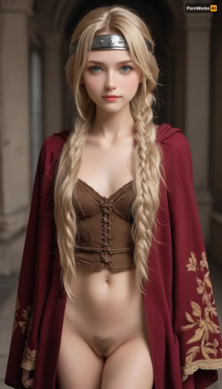 Garota loira linda, Astrid, de pé numa floresta, perfeita foto, 12 anos, excesive pubic hair., (masterpiece, best quality:1.6), astrid hofferson, smile, closed mouth, looking at viewer, headband, (flat chest:.5), (no panties), <lora:httyd_hofferson-11:.5>, <lora:astrid_hofferson:.5>, <lora:Sexy bandage lingerie top:.5>, <lora:realistic_quality:.5>