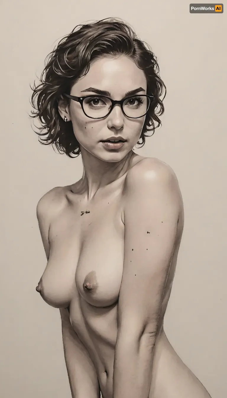detailed pencil drawing with clean lines and meticulous shading, Naked Gal Gadot, sidelight, short curly brown hair, glasses with black rim, cross eyes, (((pussy piercings))), simple background, erotic, hot, sexy, dynamic sexy pose, blurry background, 1girl, after sex pussy, front view, тlineart, (((monochrome))), blurry white background, drawing, by, NTY, jsbw, style, v0ng44g, sk3tch, .8>, <lora:JasmineBWXLDoguMini:.7>, <lora:sketch_it:1.4>, <lora:195794_training_data:.9>