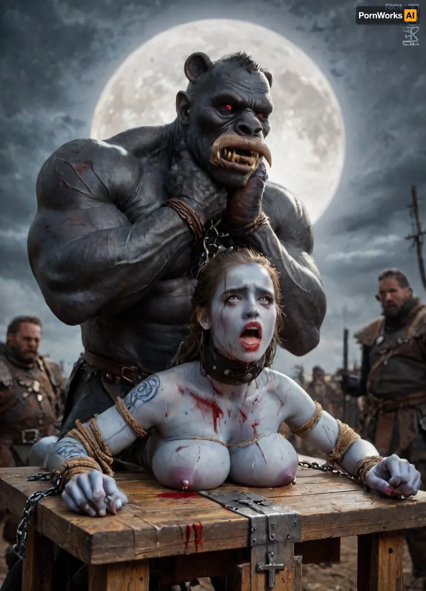 female drow elf barbarian, (blue skin:1.82), tall, angry, busty, curvy, thin waist, big boobs, big butt, slim, fit, vitiligo, strong, fur pelt armor, dungeons and dragons, purplish blue skin, black and purple hair, Dark, Elf, Warrior, Drow, tattooed, scarred, purple eyes, blue skin, amazon, giant, fur barbarian armor, bloody, blood spatter, bear, bear heart, (in a bloody filed after a battle, white full moon in the sky:1.4), (man is choking her from behind:1.4), ((hogtied, bound with large chains, crucified to a torture table, spikes through hands:1.3)), (torture:1.32), (large sharp sword in anus:1.12), cock in mouth, (brutal face fuck), Blowjob, (tears in eyes:1.5), (running makeup), (cum drips from nose:1.3), (cum drips from mouth:1.3), ultra hd, photorealistic, hyper gigantic large black cock in mouth, (((hyper gigantic large black cock in mouth:1.3))), oral cream pie, hair grab, sad crying, tongue out, gasping for air, zavy-brbrn, gangbang, double anal penetration, anal spitroast, groupsex, deepthroat, (4 gigantic African black brute thug, huge trunklike arms, huge head, hyper muscular body, dressed in slave clothes:1.32), ((hogtied, bound for sex, tied up)), (((hyper gigantic large white cock in mouth:1.3))), (pulled nipples:1.2), nipple clamps, (((spitroast))), (((hyper large cock in mouth:1.3))), screaming, shocked, deep anal penetration, Uber realistic, 8k, ultra detailed, masterpiece, arched back, detailxl, 35mm photograph, film, professional, 4k, 1girl, 5 boys, hdr, photographic, ultra realistic, ultra high details, back light, (front view), (dynamic pose), best quality, incredibly lean body, anal sex, with large muscular black men, gargantuan black cocks, large hyper muscular fat old men, (double anal sex), swollen white veiny cocks, (double anal penetration), hardcore double penetration, proper physics, big white cocks, muscular white double anal gangbang, (forceful penetrations), extremely graphic, shocked expression, beautiful hands, defeating a woman in combat, fighting, killing, blood, winning fight, magazine cover, Realism_Quality_2xx_By_Stable_Yogi, score_9, score_8_up, score_7_up, (((very pretty face:1.3))), (((extremely ultra detailed face:1.3))), perfect fingers and hands, upper body view, (extreme size difference:1.6), (ultra realistic), (maximum quality), (high resolution), (extreme detail), (ultra realism), UHD, super high quality, highly detailed, high resolution, perfect lighting, natural lighting, (dynamic angle), (random angle), (random pose), (dynamic view), (random view), golden hour, rich details, nature-inspired color palette, <lora:Dark_Elf_Warrior:2>, <lora:Drow:2>, <lora:339100_training_data:2>, <lora:zavy-brbrn-sdxl:2>, <lora:LCMTurboMix_Euler_A_fix:2>