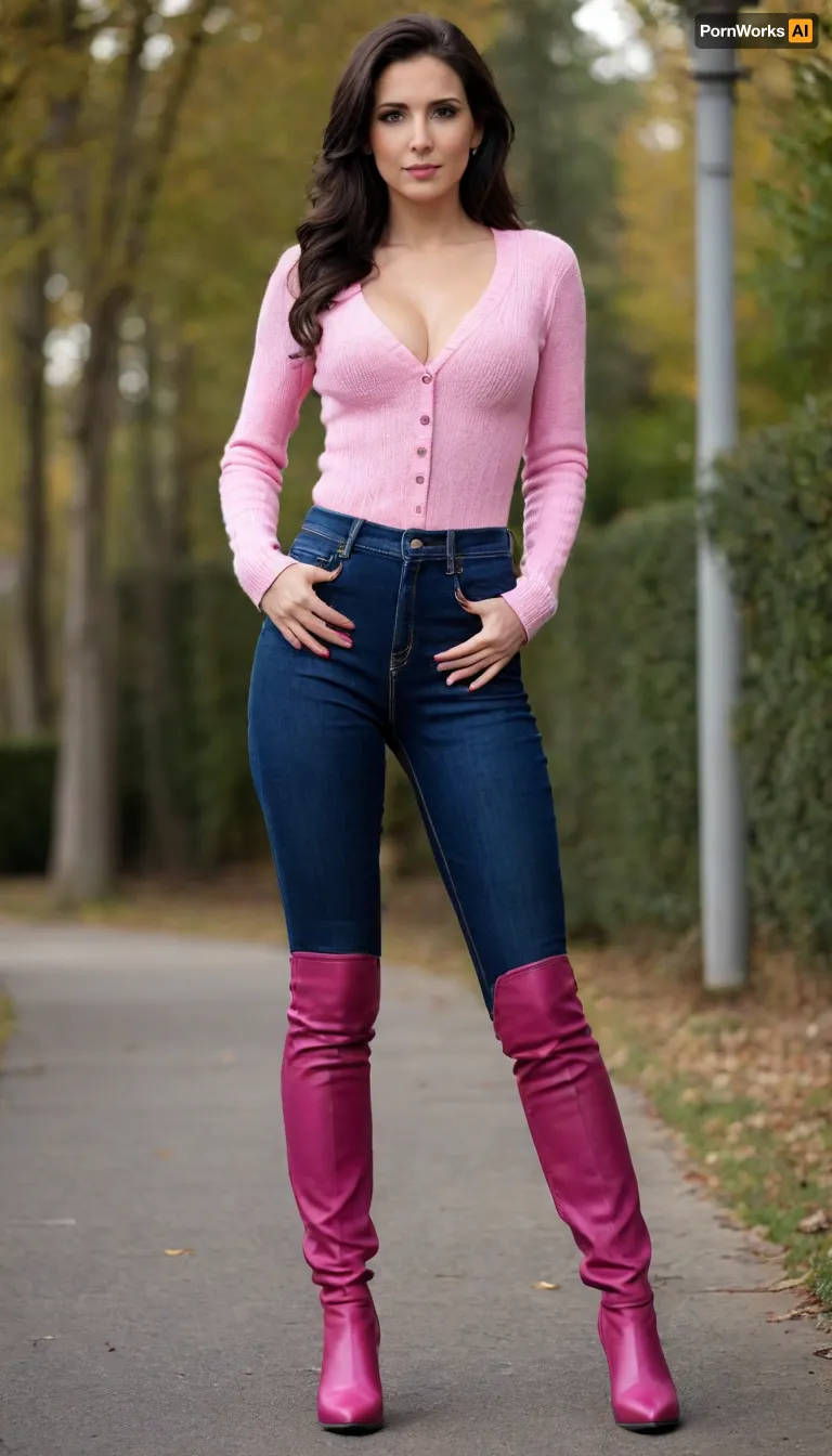 slim tight hotwife 40 years old, very long straight-wavy black hair, (wearing tight fitting dark blue jeans:1.8), (wearing dark brown leather knee heeled boots:1.8), (light pink wool cleavage sweater:1.8), brown belt, tight dark brown shortjacket, serious face, rear view, looking at cam