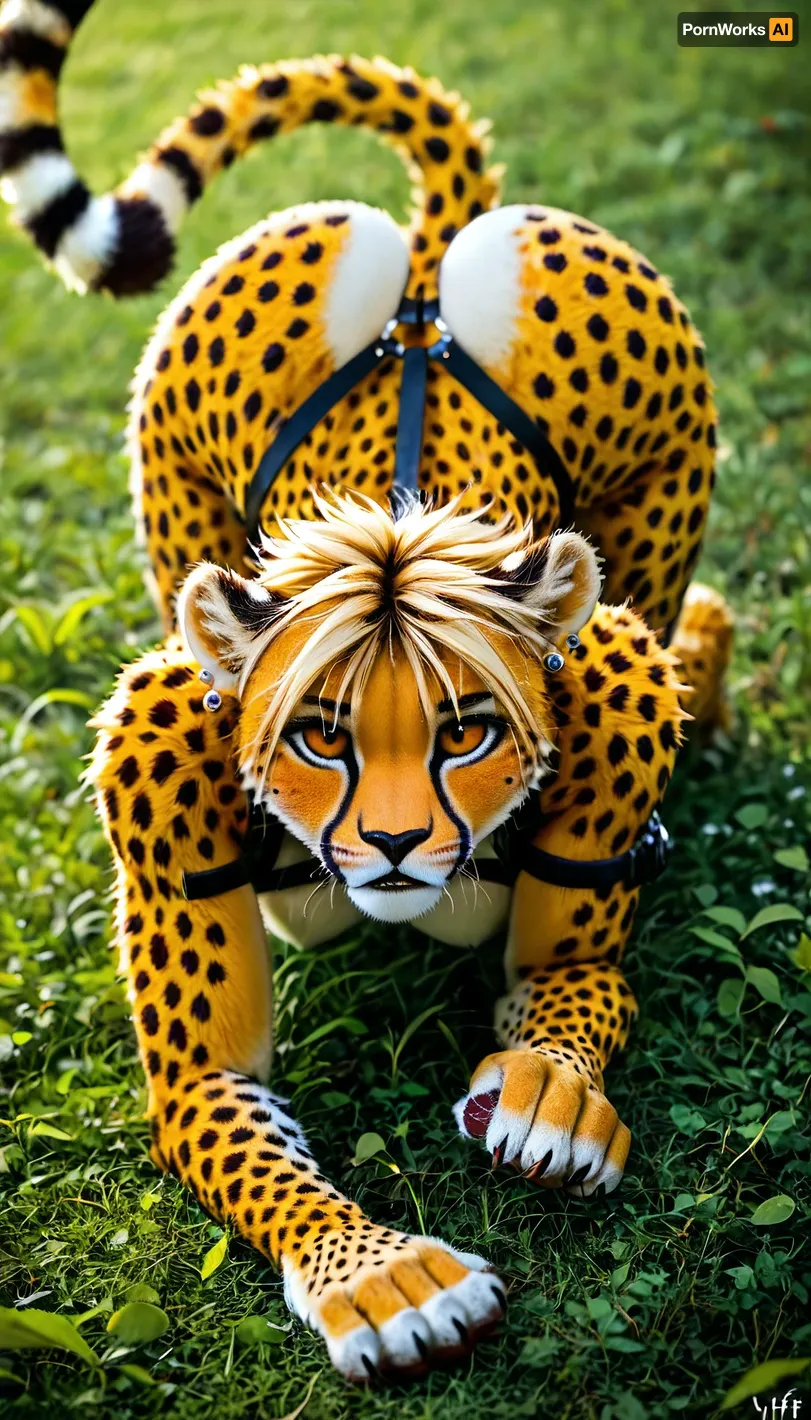 (yiff anthro furry cheetah:2), (young anthro cheetah girl), (1girl), cheetah hair, sexy thin body, (long legs), built for speed, marathon runner build, hunting, on all fours hunting, hiding in tall grass, hunting body harness, (big boobs), facial piercings, looking up at viewer, full body view, (cat paws), thick toned thighs, (huge bubble butt:1), (very wide hips), (tiny waist, tiny torso), nude anthro body