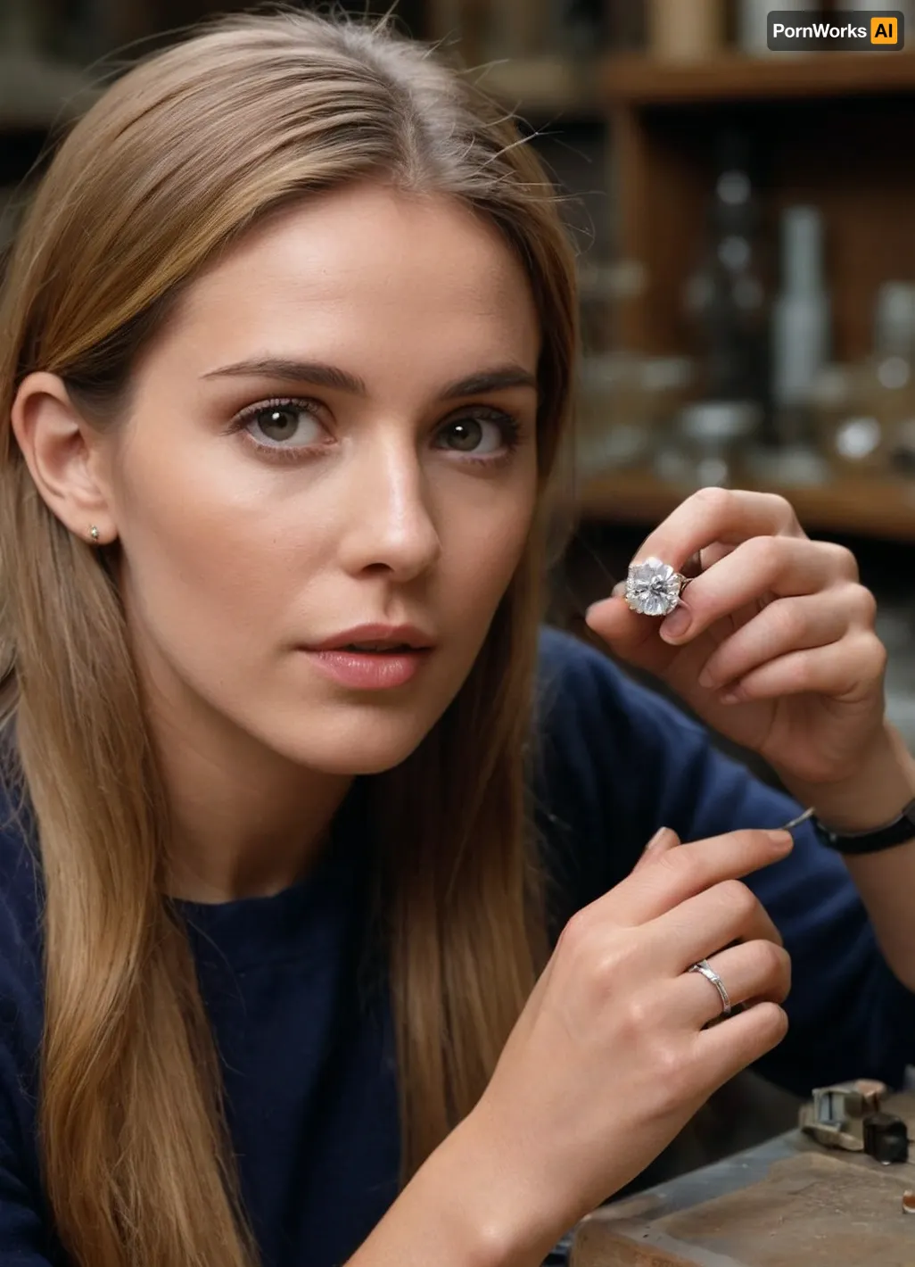 ((jewelry workshop:1.5)), woman olfebre perfect eyes, 1.5, ((working)), (((jewely tools))), ((great creation)), ((diamond ring)), 1.4, ((jeweler's apron)), ((a woman in her jewelry workshop working creates a beautiful diamond ring)), (((200 carat platinum ring)))