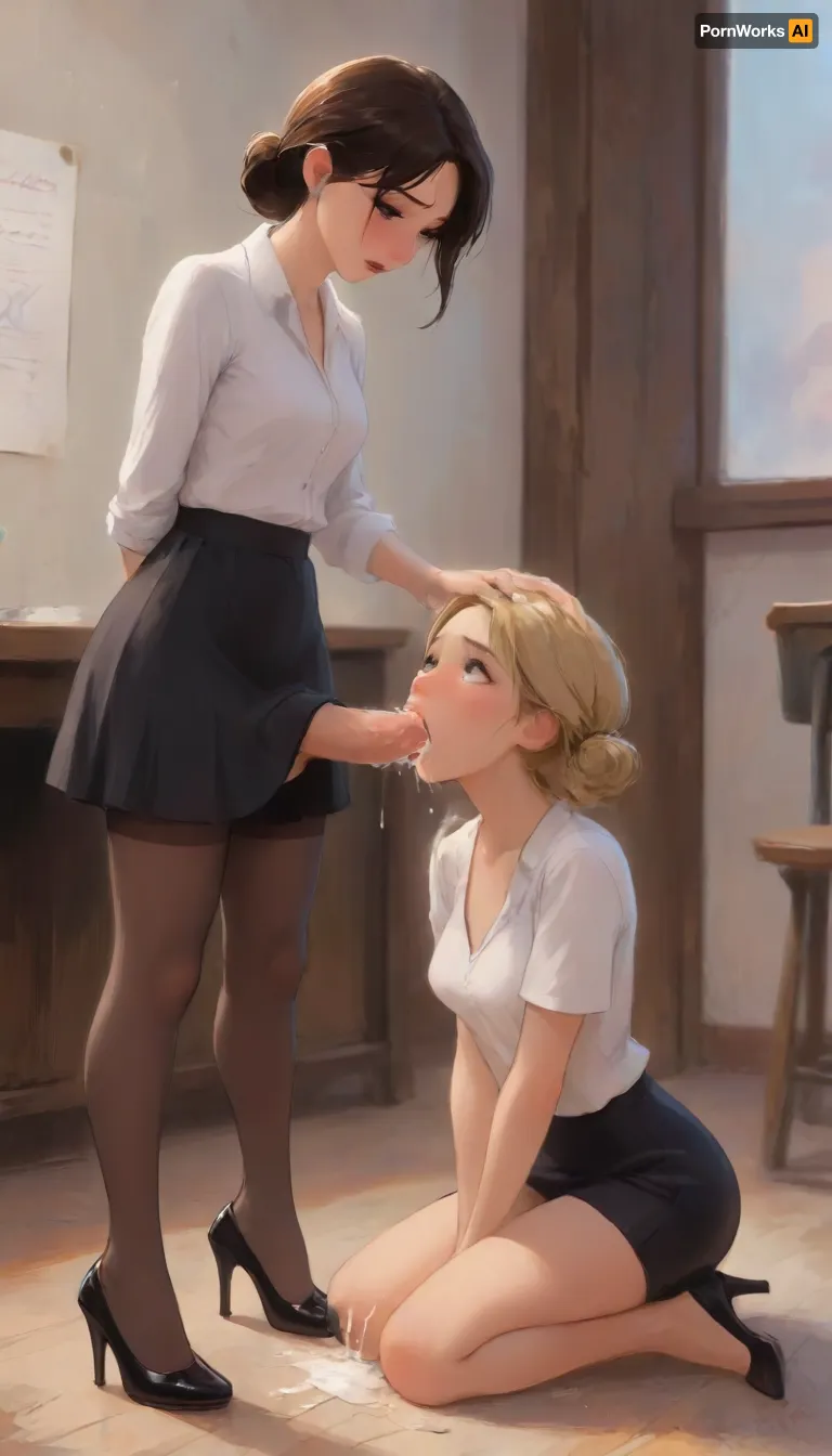 Skinny girl staying on her knees in front of her futanari teacher mistress, white shirt, black skirt lifted up, stockings, panties, high heels, futanari teacher put dick in her mouth and cum in her mouth deep throat, teacher futanari holding her head, forced her head on his dick, cruel brutal oral sex, throat bulge, excessive, cum, vomcum, (j_cartoon:1.5), Drawing, <lora:derv-r4punzel-SDXL-(0.4)Civit:.2>, <lora:samdoesarts1.1-000030:.4>, <lora:J_cartoon:.3>, <lora:Animated_Concept:.4>