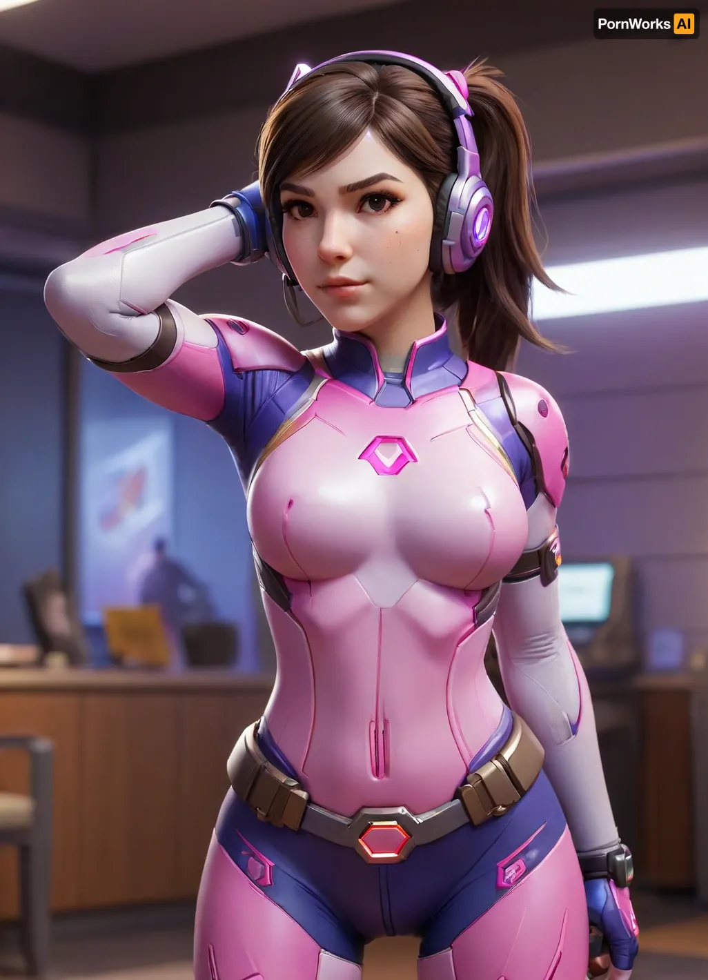 Masterpiece, high-res, 2k, best quality, 2.5d, allstars dva, d.va, (overwatch), One hand on the hip the other hand raised to the head