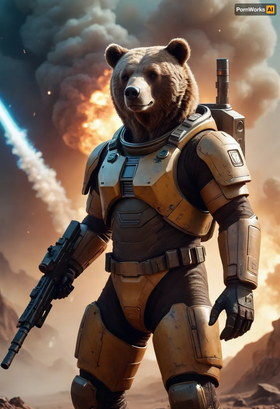 Bear, anthropomorphic figure, in a combat suit, no helmet, laser turret on his shoulder, (laser turret firing), claws gloves, on the background of a smoking shuttle, on an unknown planet, fiction, detail, 8k image, <lora:aesthetic_anime_v1s:.5>