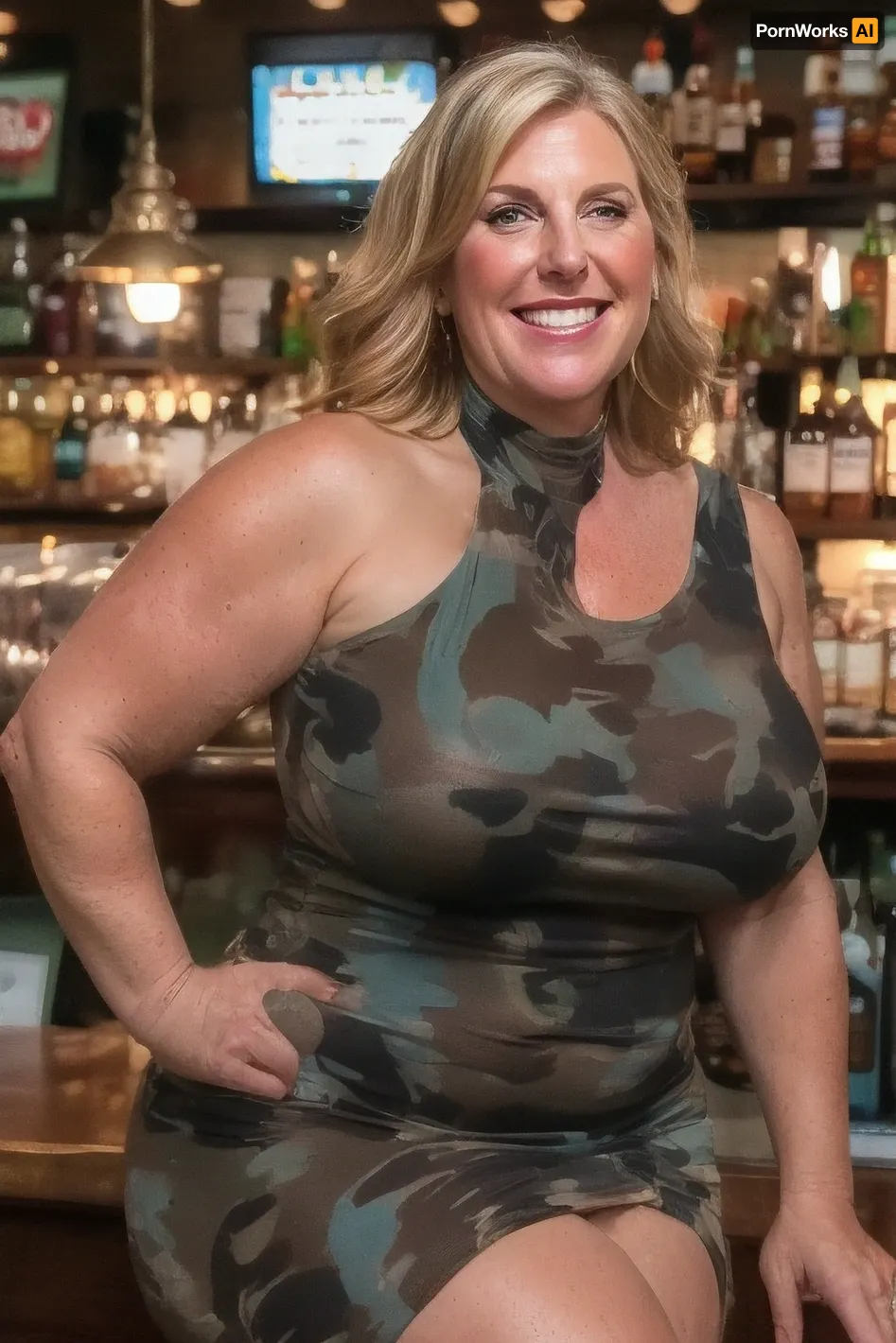 RAW photo, subject, (high detailed skin:1.1), 8k uhd, soft lighting, high quality, film grain, Fujifilm XT3, dynamic angle, 60 years old brunette woman, fat, milf, fair skin, (open mouth:1), smiling, (show full face), professional portrait, in a bar, low cut black dress, braless, covered, nipples, sideboob, <lora:paislash-10:.7>, <lora:age_slider_v20:2>, <lora:weight_slider_v2:1.5>, <lora:bralessv2:.5>