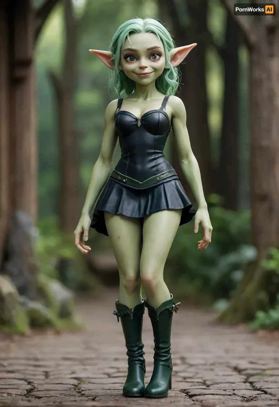 ((miniature body)), Green, Thick green, (masterpiece), (best quality), (ultra-detailed), (beautiful detailed face), (beautiful detailed eyes), (perfect hands), (perfect legs), 1 miniature goblin girl, pale skin, cute tall face, standing, sexy black dress, Green skin, Thick ass, small waist, short skirt, A young face, smiling, Boots, heels, Green face, green arms, green legs