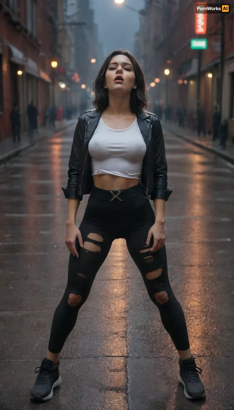 ((X23)), (X-Men franchise), (orgasm face:1.5), Indian, black hair, no t-shirt, torn black leather jacket, ripped yoga pants, black belt with a red "X" on the belt buckle, sneakers, torn clothes, downtown New York, rainy, perfect lighting, WolverineV2-1024, <lora:bombshell_v2:.1>, <lora:WolverineV2-1024:1>, <lora:NSFW_Reality_Engine_XL05:.5>